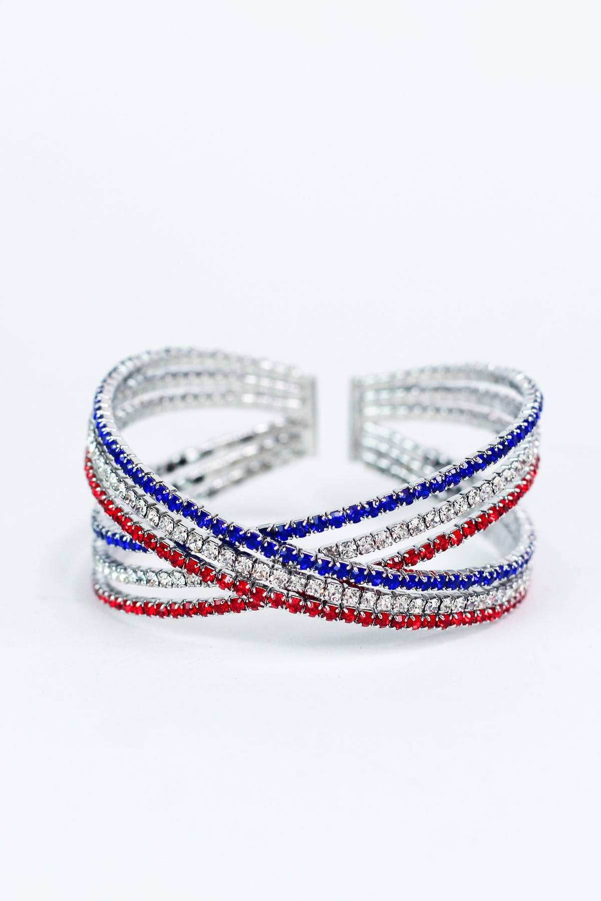3-Row Red Clear &amp; Blue Rhinestone Criss Cross Cuff Bracelet