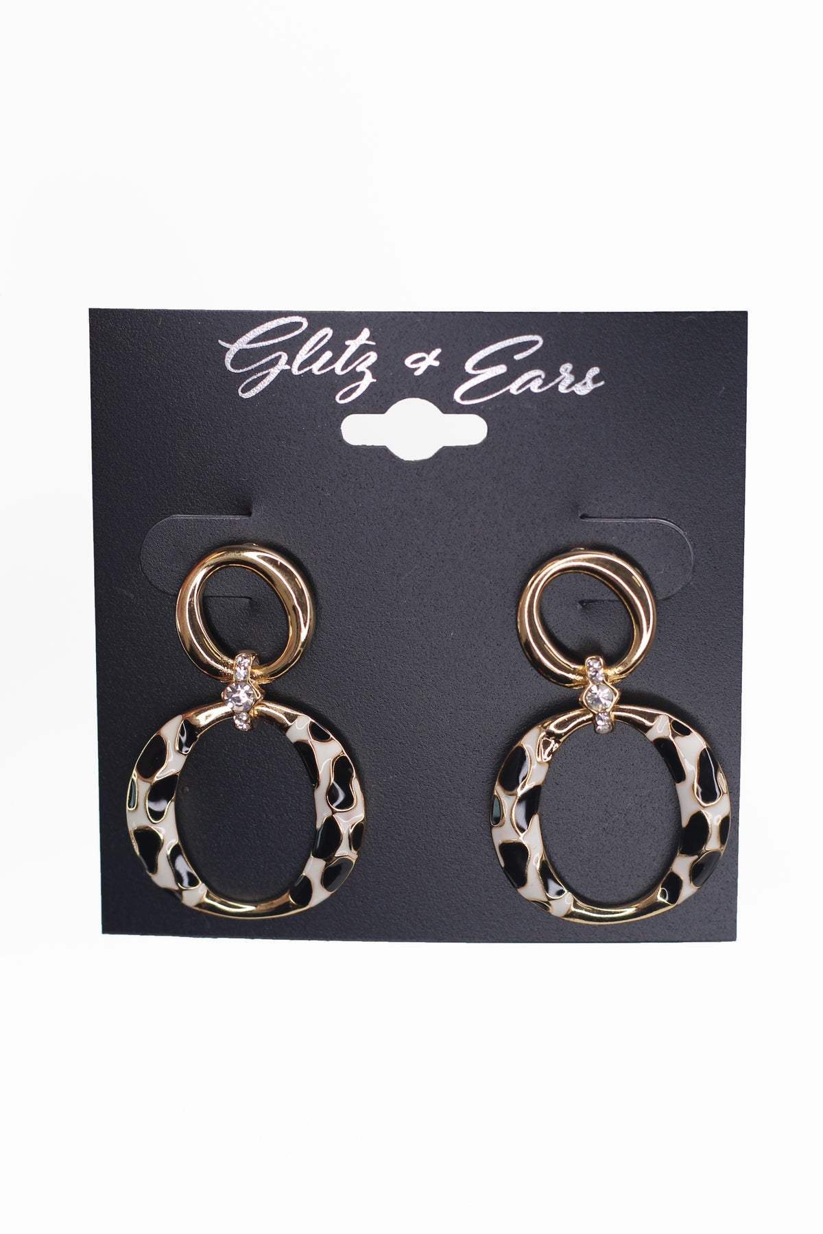 Animal Print Bottom Rhinestone Connected Double Hoop Drop Earring