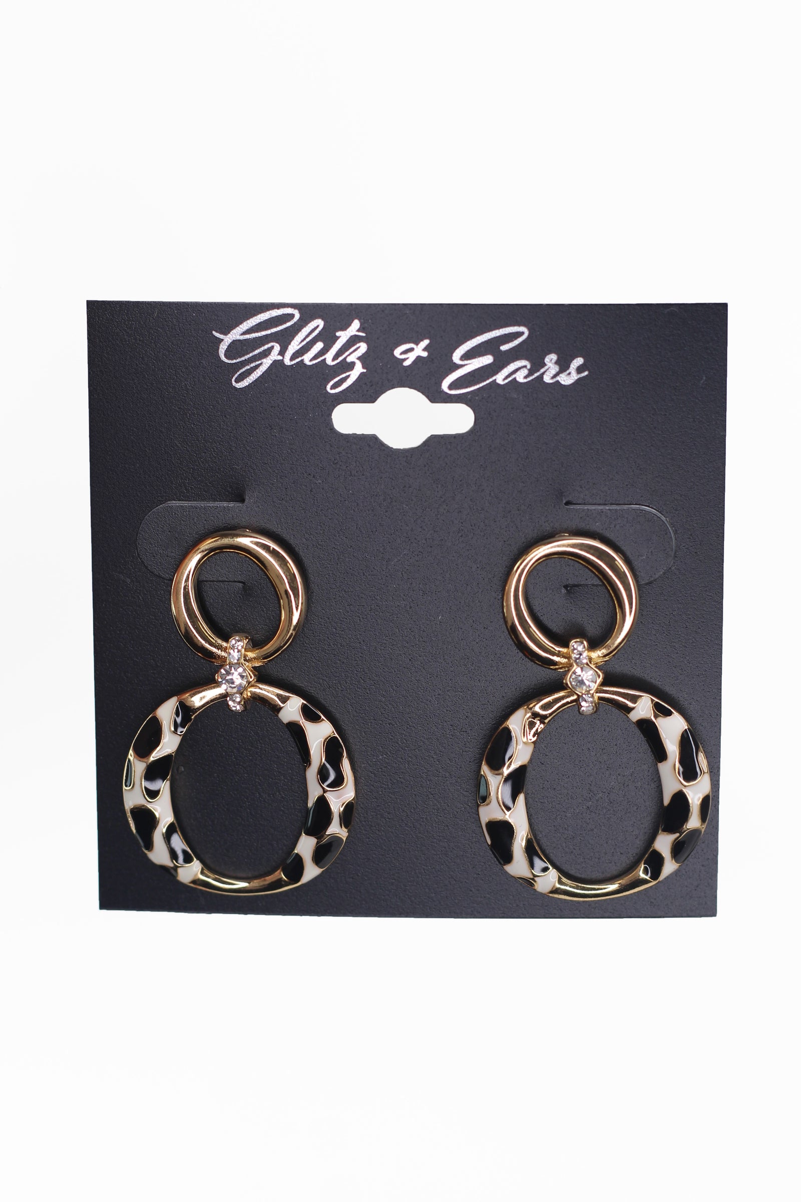 Animal Print Bottom Rhinestone Connected Double Hoop Drop Earring