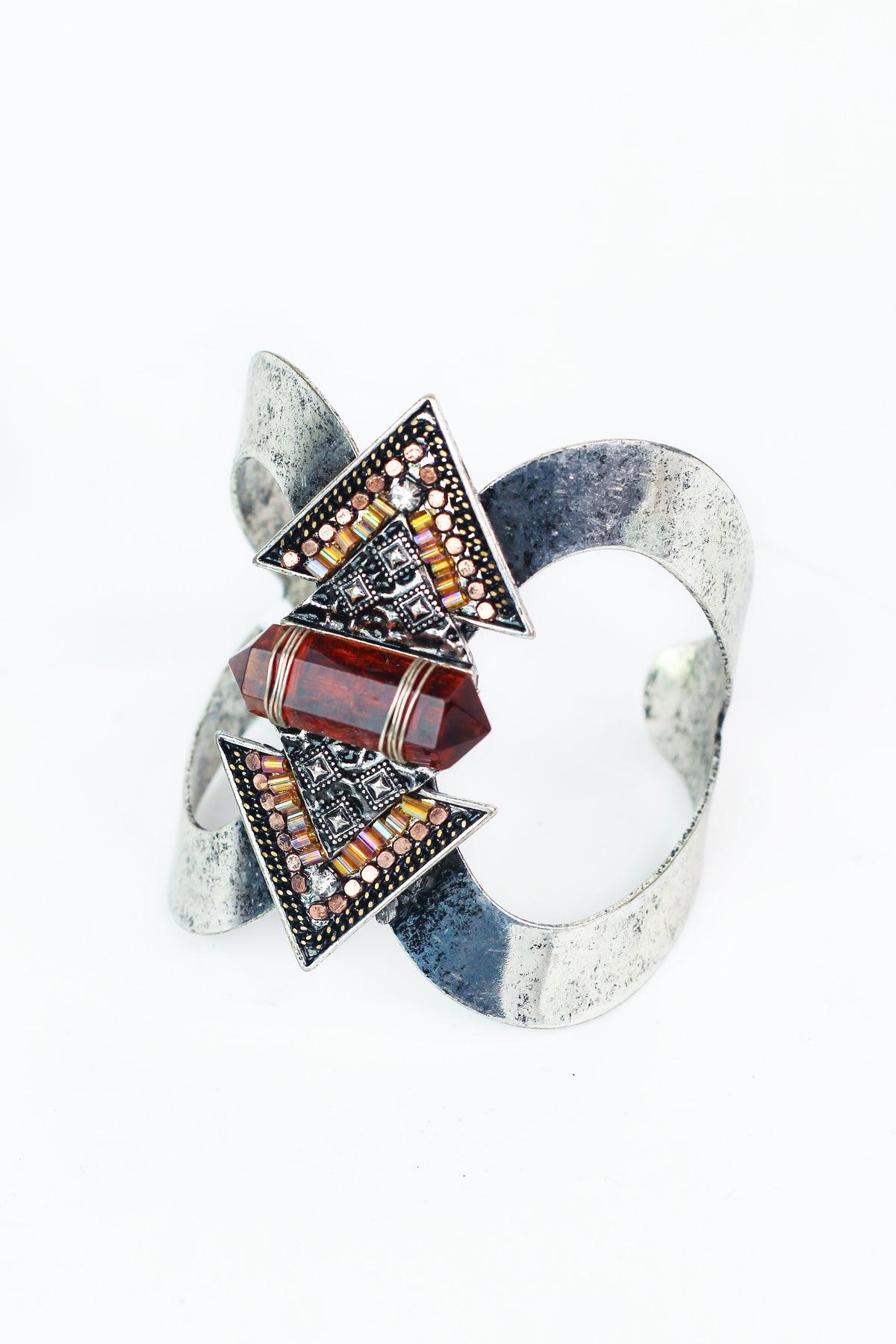 Metal Cuff w/ Crystal Center Rhinestone &amp; Metal Beading Triangle Design