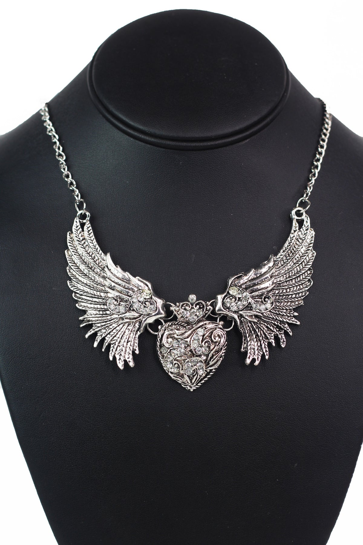 Winged Double Heart Rhinestone Accent Pendant Necklace