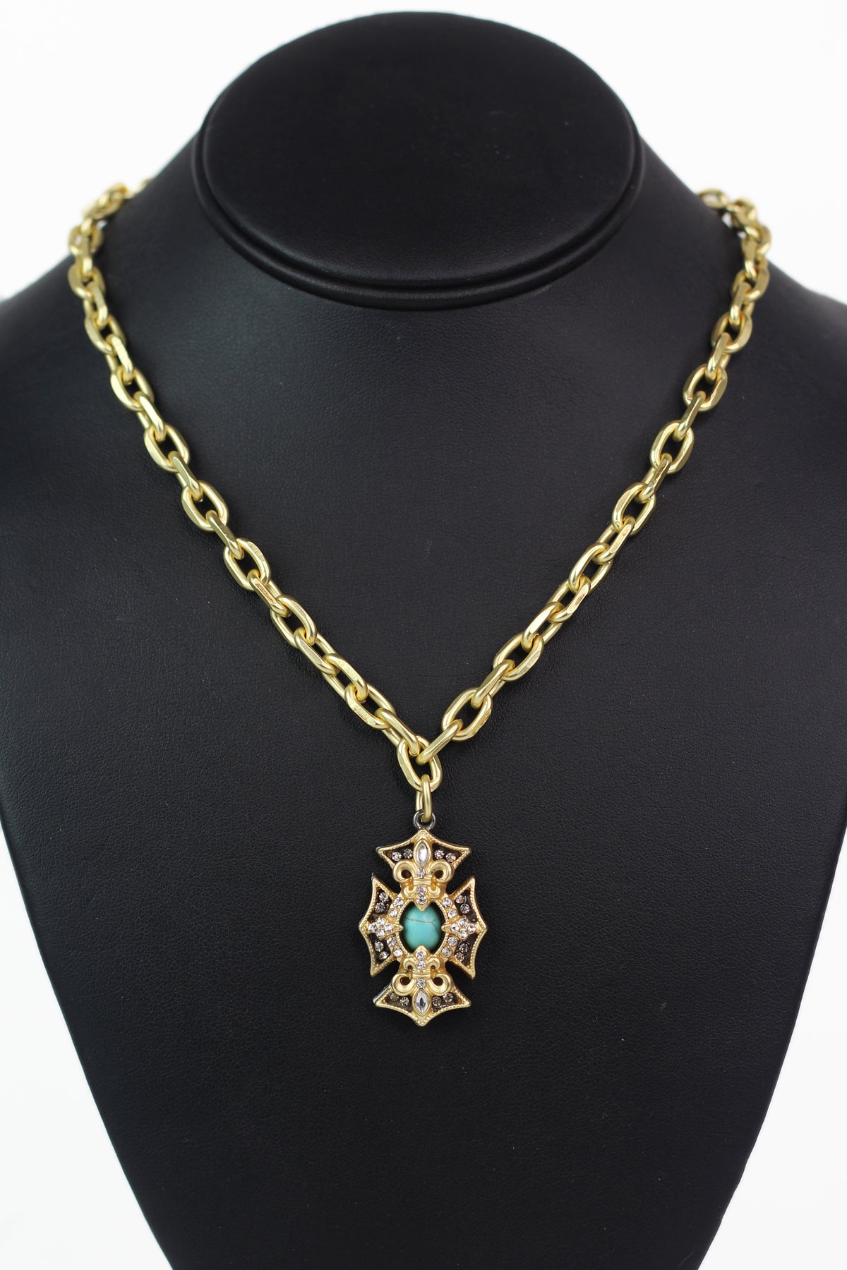 Linked Chain Turquoise Cent Rhinestone Accent Pendant Necklace