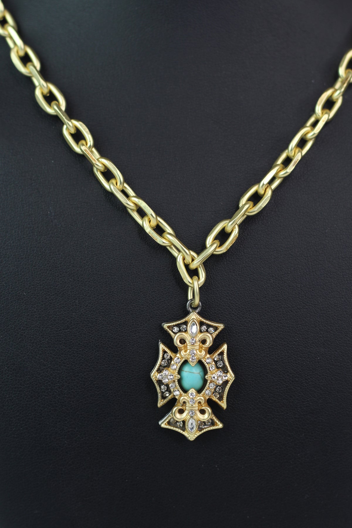 Linked Chain Turquoise Cent Rhinestone Accent Pendant Necklace