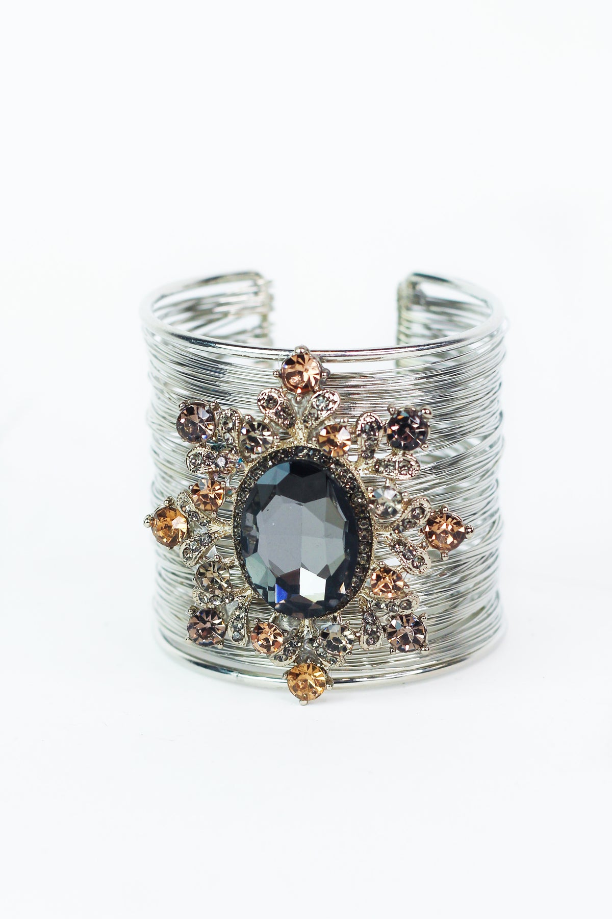 Floral Framed Oval Center Rhinestone Thin Stacked Metal Cuff Bracelet