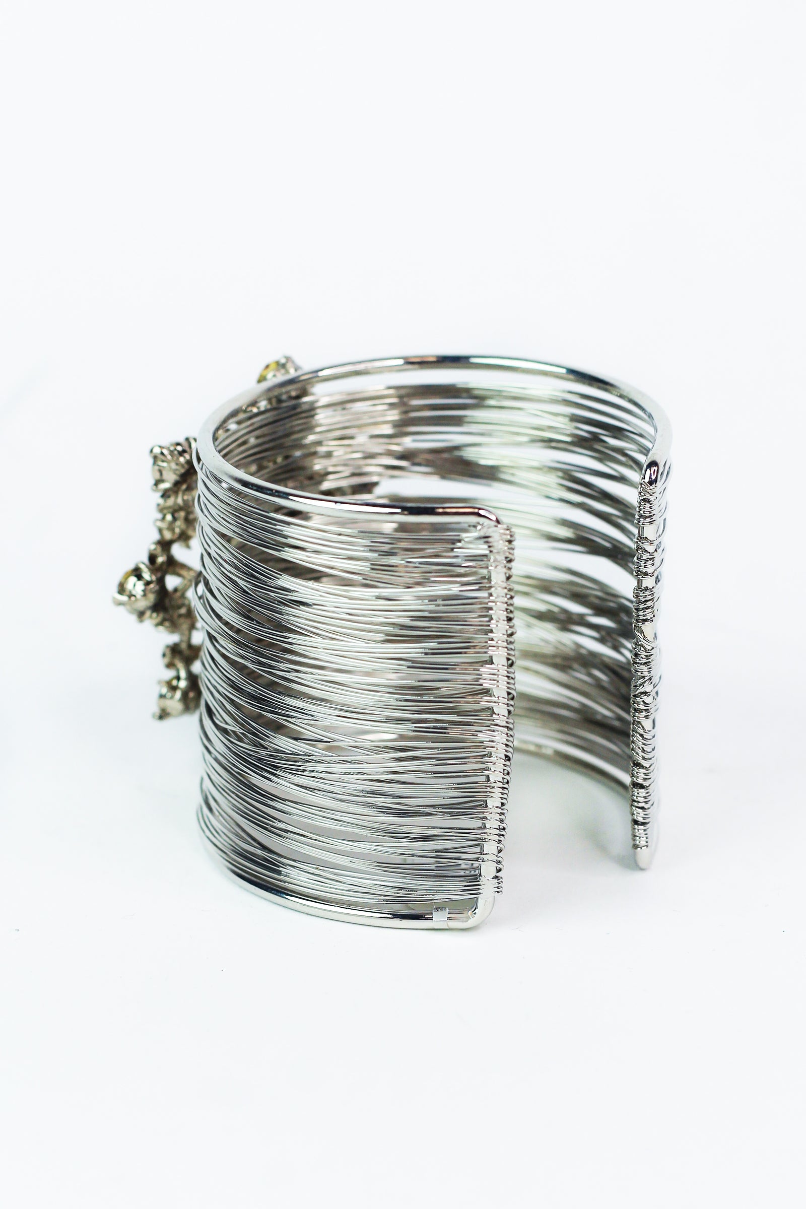 Floral Framed Oval Center Rhinestone Thin Stacked Metal Cuff Bracelet