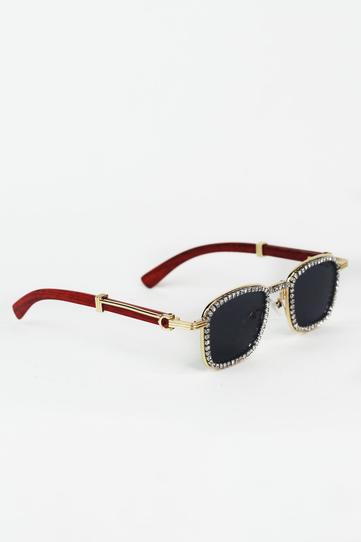 Full Rhinestone Framed Redwood Arm Design Sunglasses
