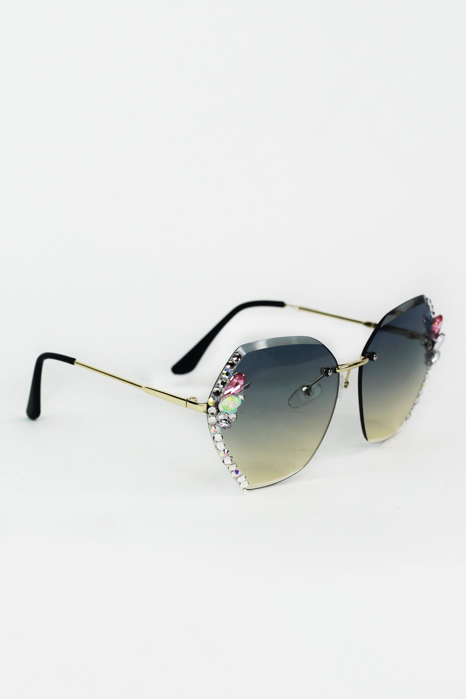 Large Frameless Rhinestone Edged Metal Arm Sunglasses