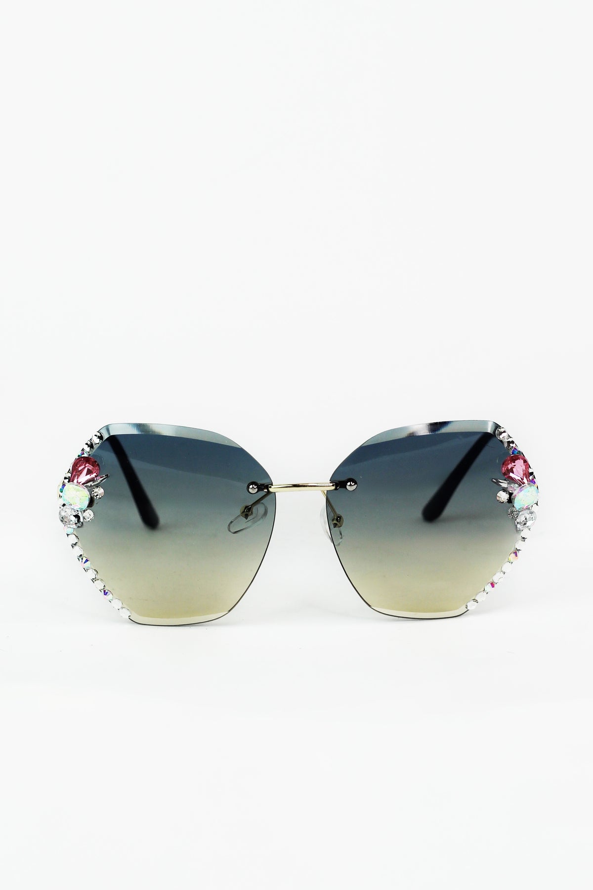 Large Frameless Rhinestone Edged Metal Arm Sunglasses