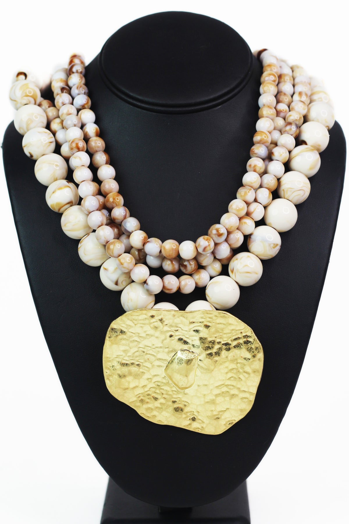 4 Strand Multi Sized Beaded Hammered Metal Pendant Necklace