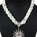 Braided Rope Hammered Metal Sun Pendant Statement Necklace