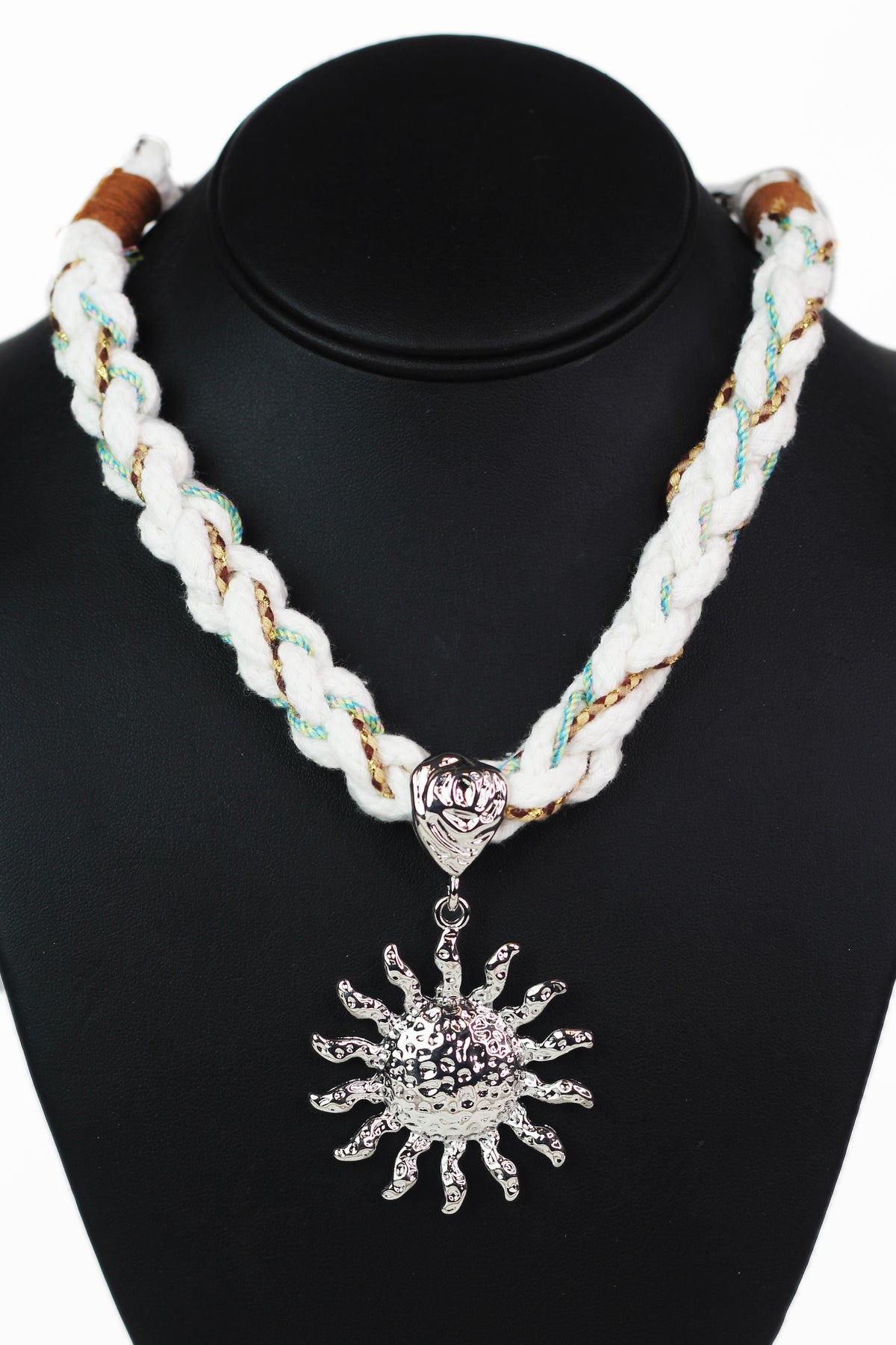 Braided Rope Hammered Metal Sun Pendant Statement Necklace