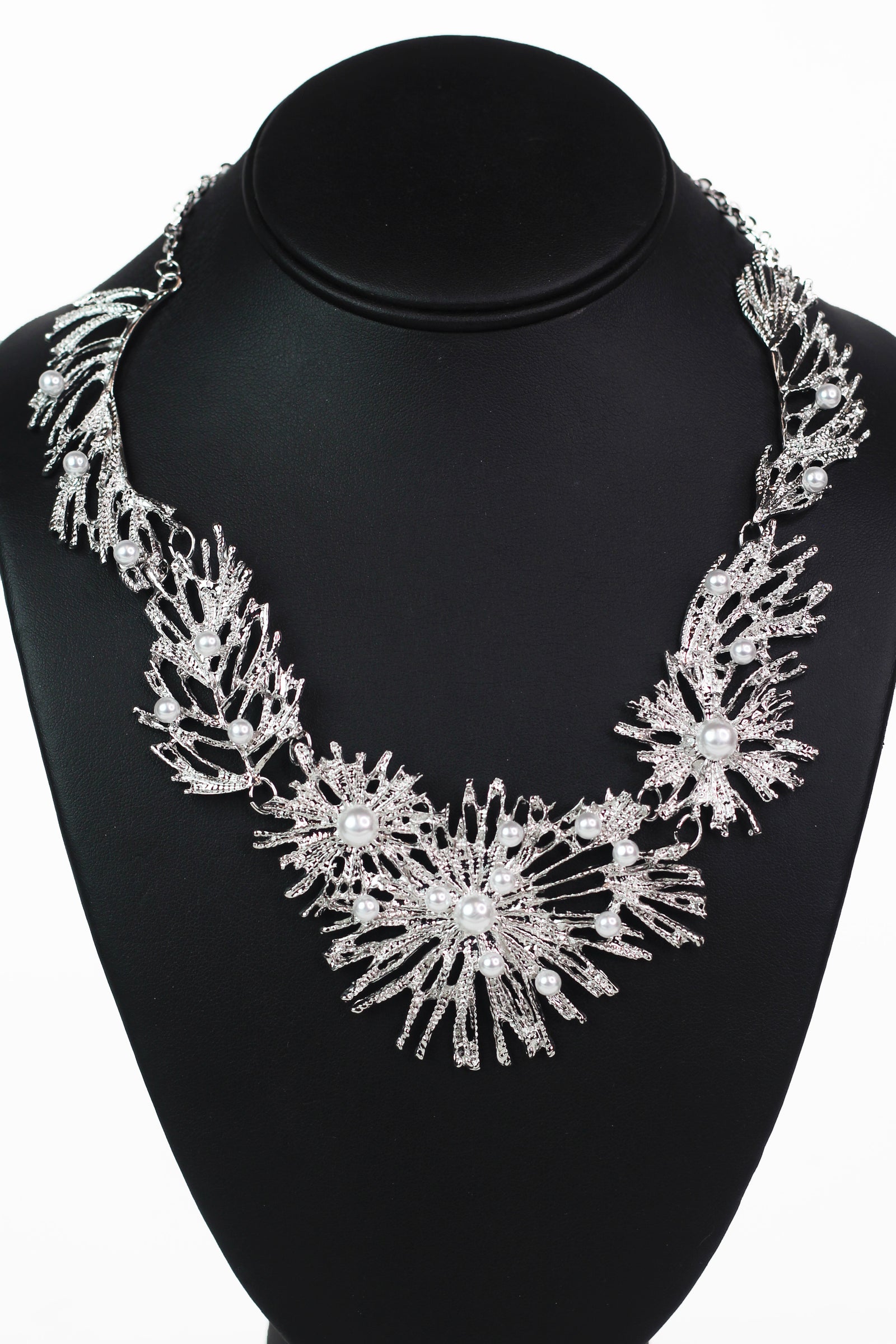 Radial Branch Flower Pearl Accent Statement Necklace