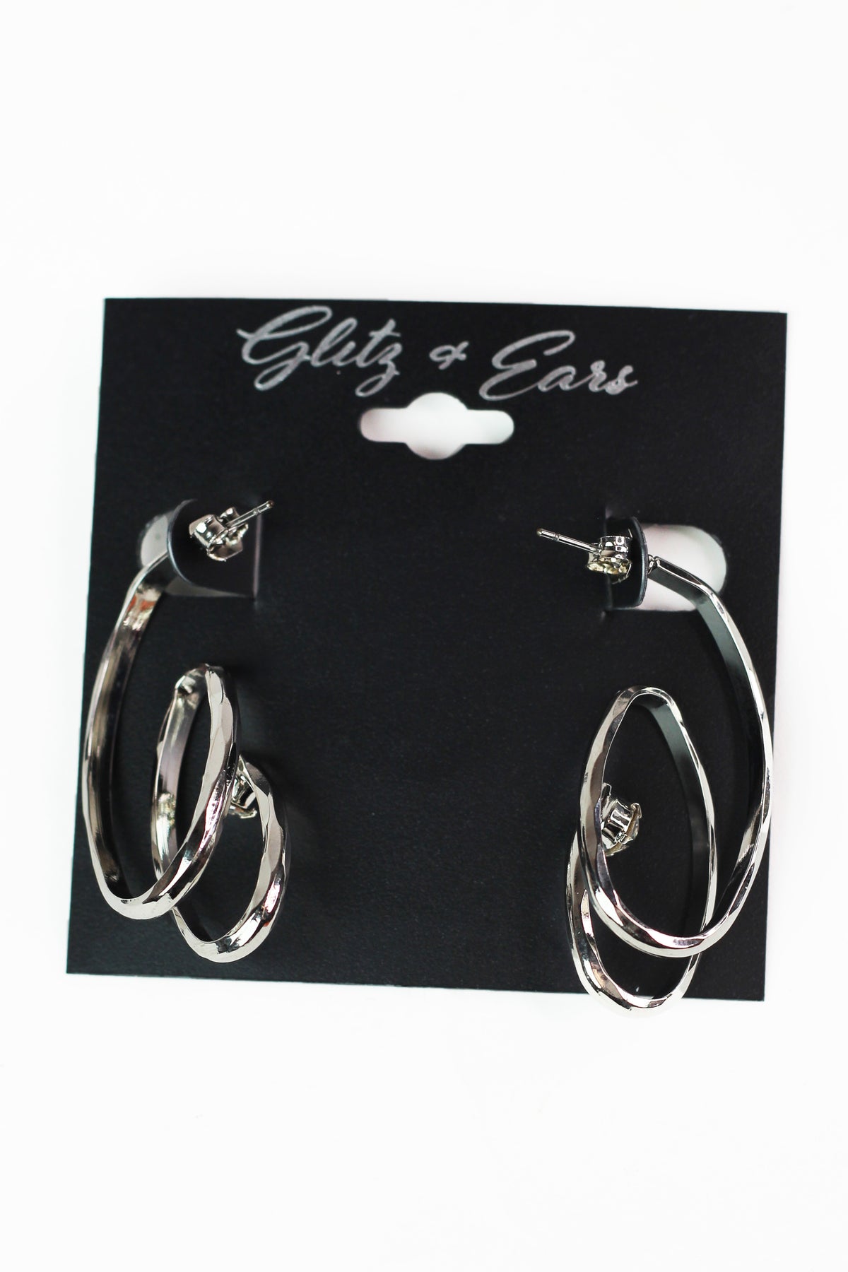 Textured Open Oval Rows Stone End Earring