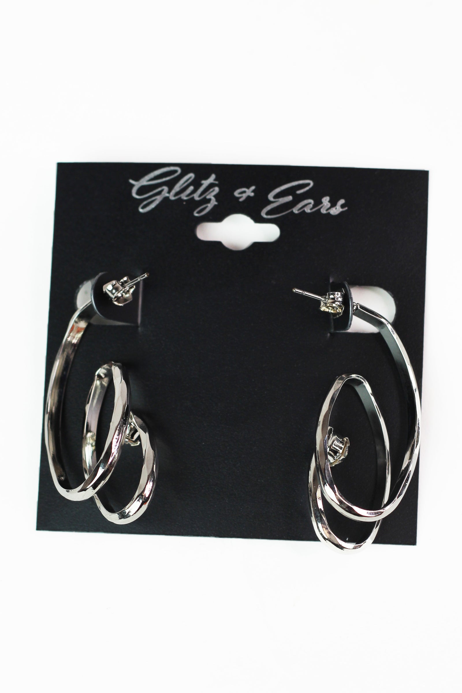 Textured Open Oval Rows Stone End Earring