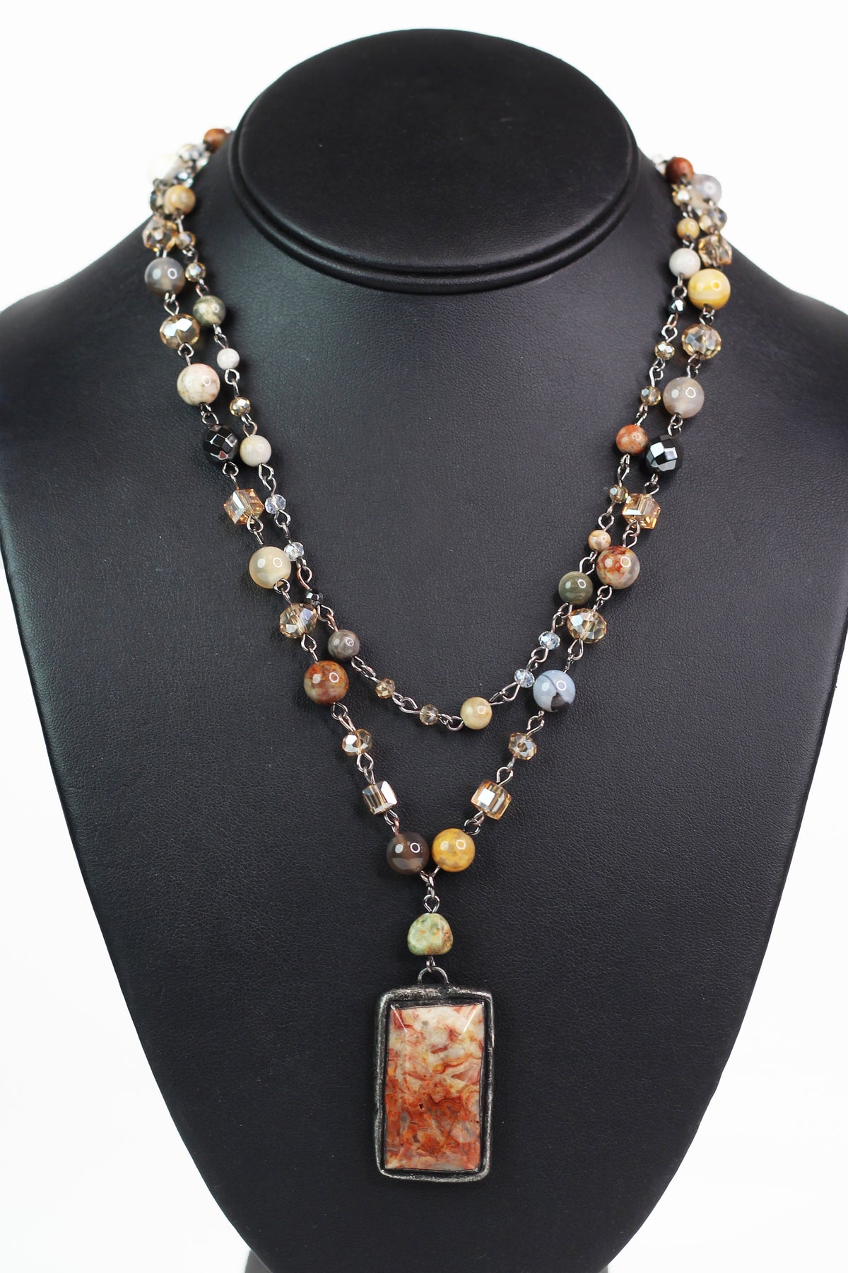 Crystal Beaded Two Strand Marble Rectangle Necklace