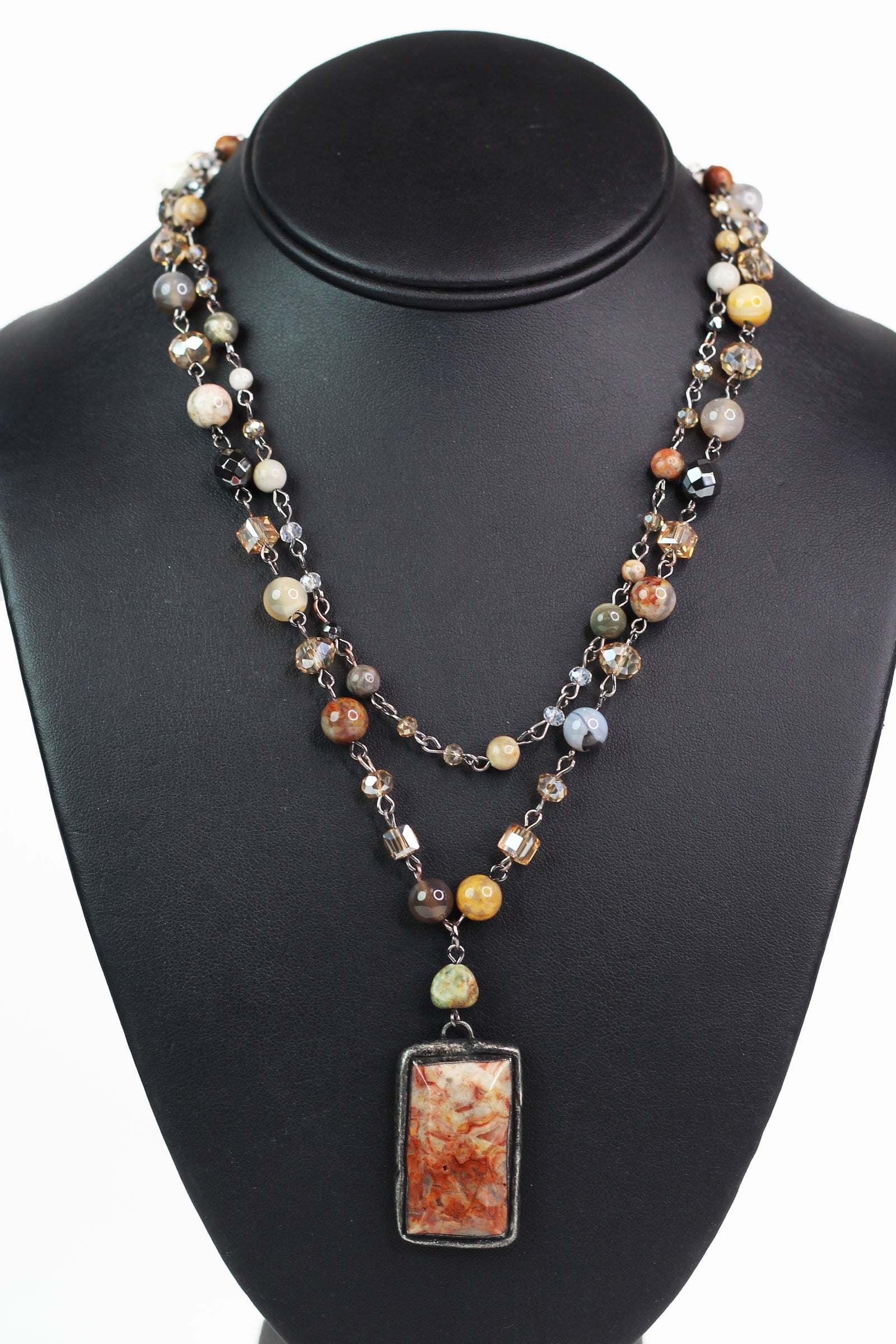 Crystal Beaded Two Strand Marble Rectangle Necklace