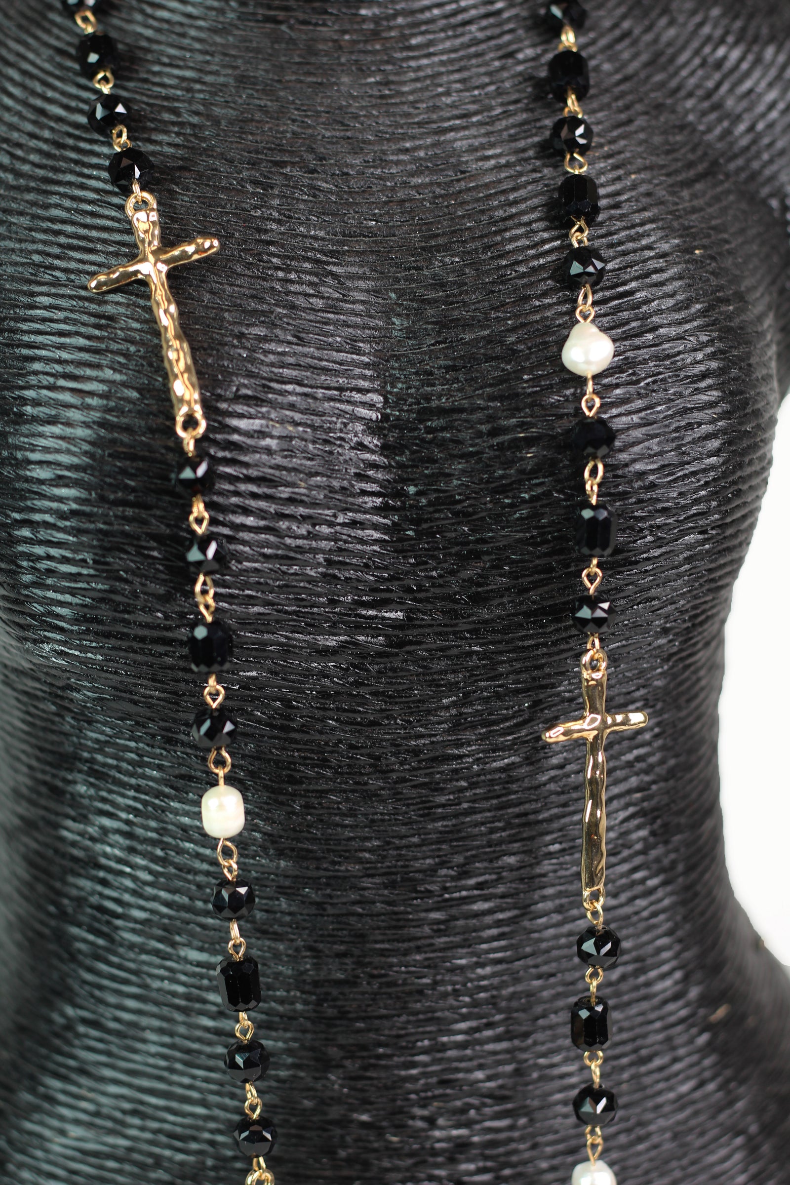 Crystal Bead, Pearl & Hammer Cross Long Necklace