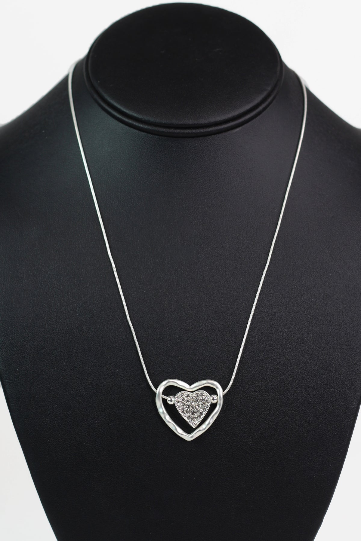 Brush Open Heart Rhinestone Middle Necklace