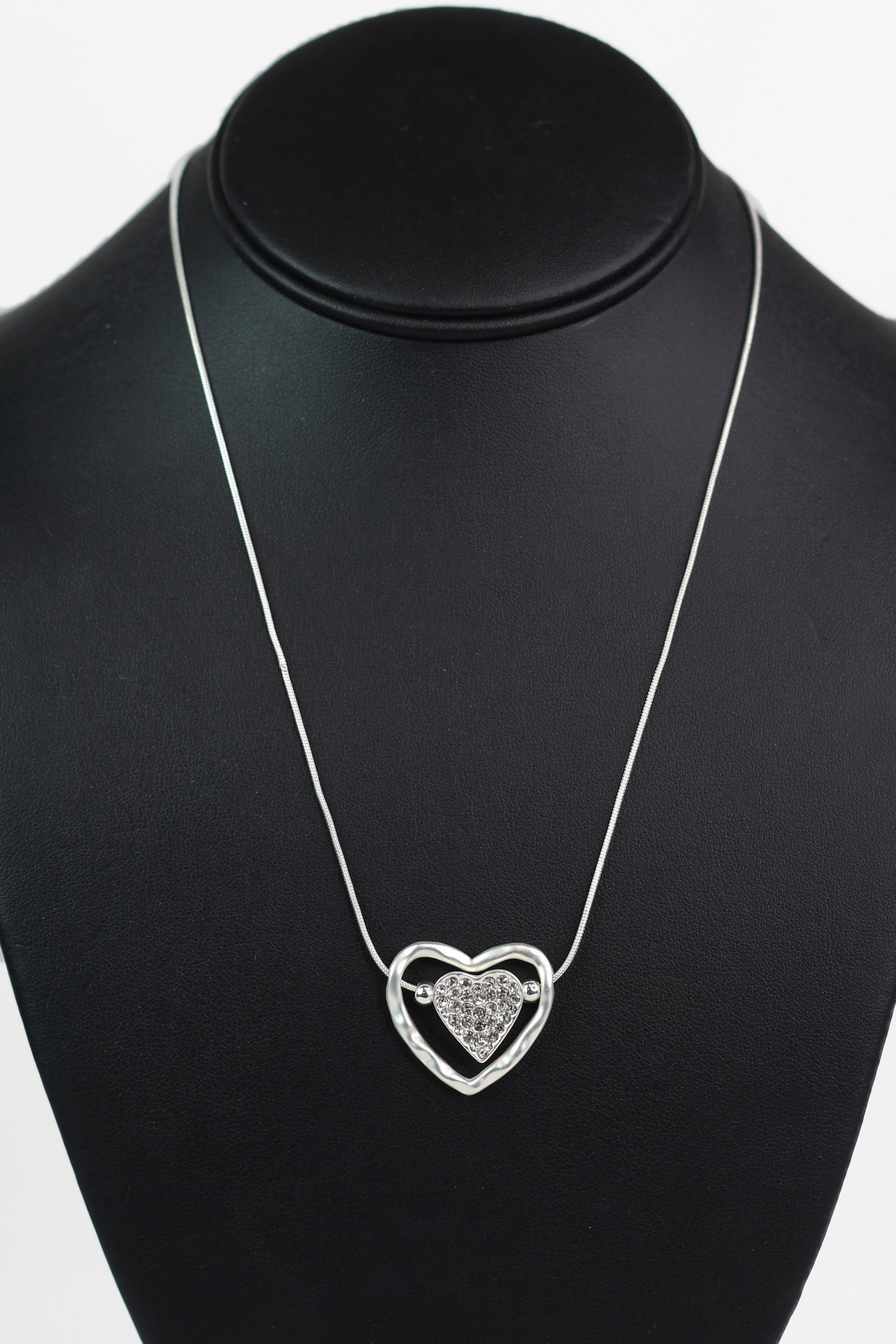 Brush Open Heart Rhinestone Middle Necklace