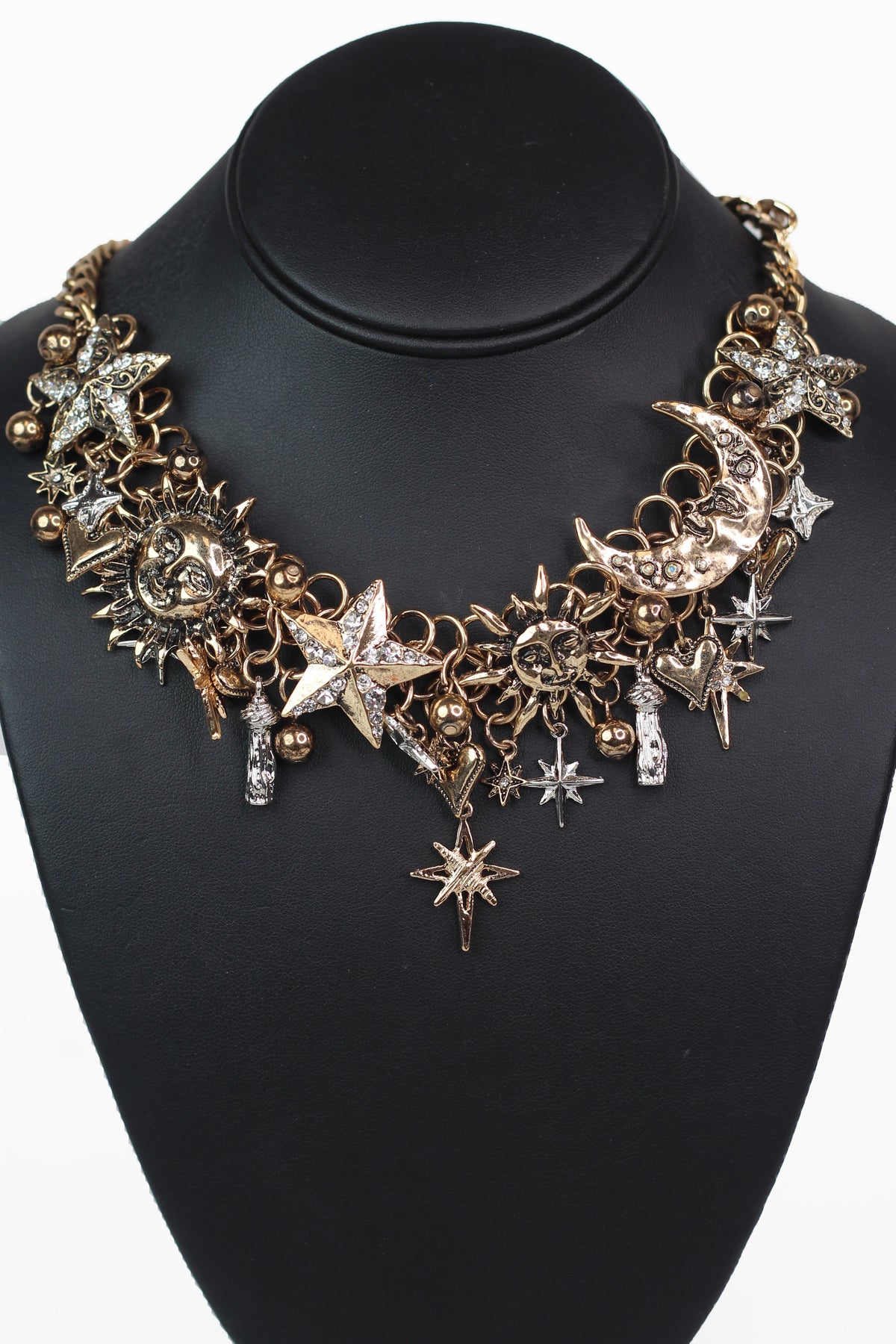 Dangling Multi Charmed Rhinestone Accent Moon Stars &amp; Sun Necklace