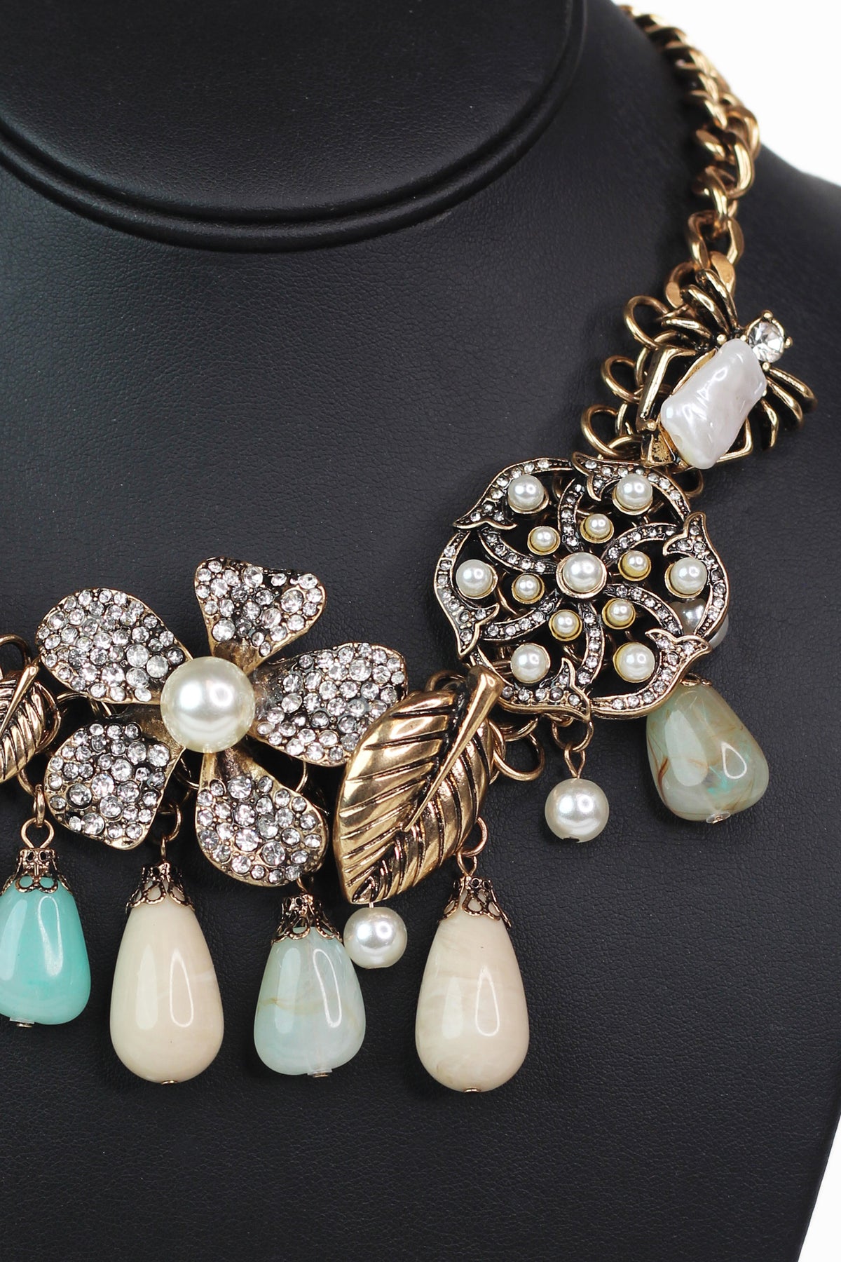 Rhinestone & Pearl Accent Flower Leaf Ladybug & Stone Dangling Charmed Necklace