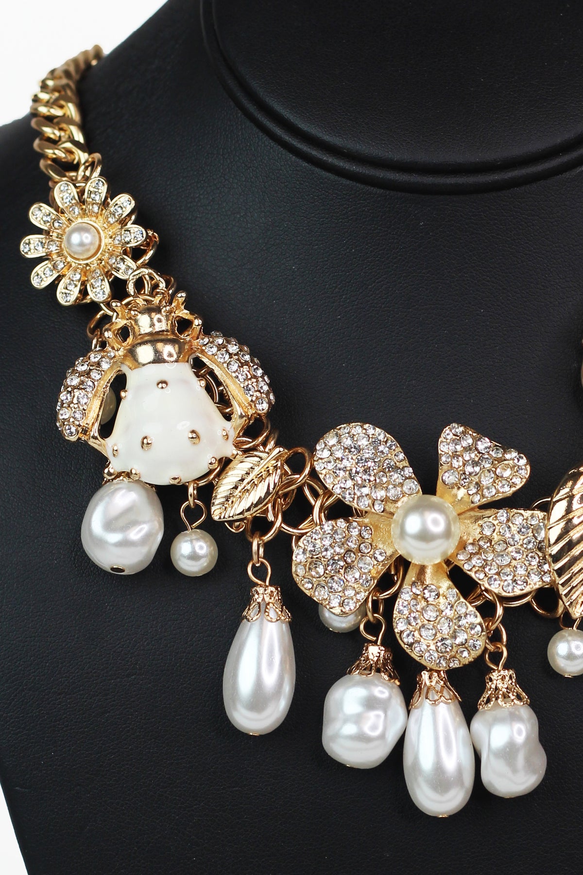 Rhinestone & Pearl Accent Flower Leaf Ladybug & Stone Dangling Charmed Necklace