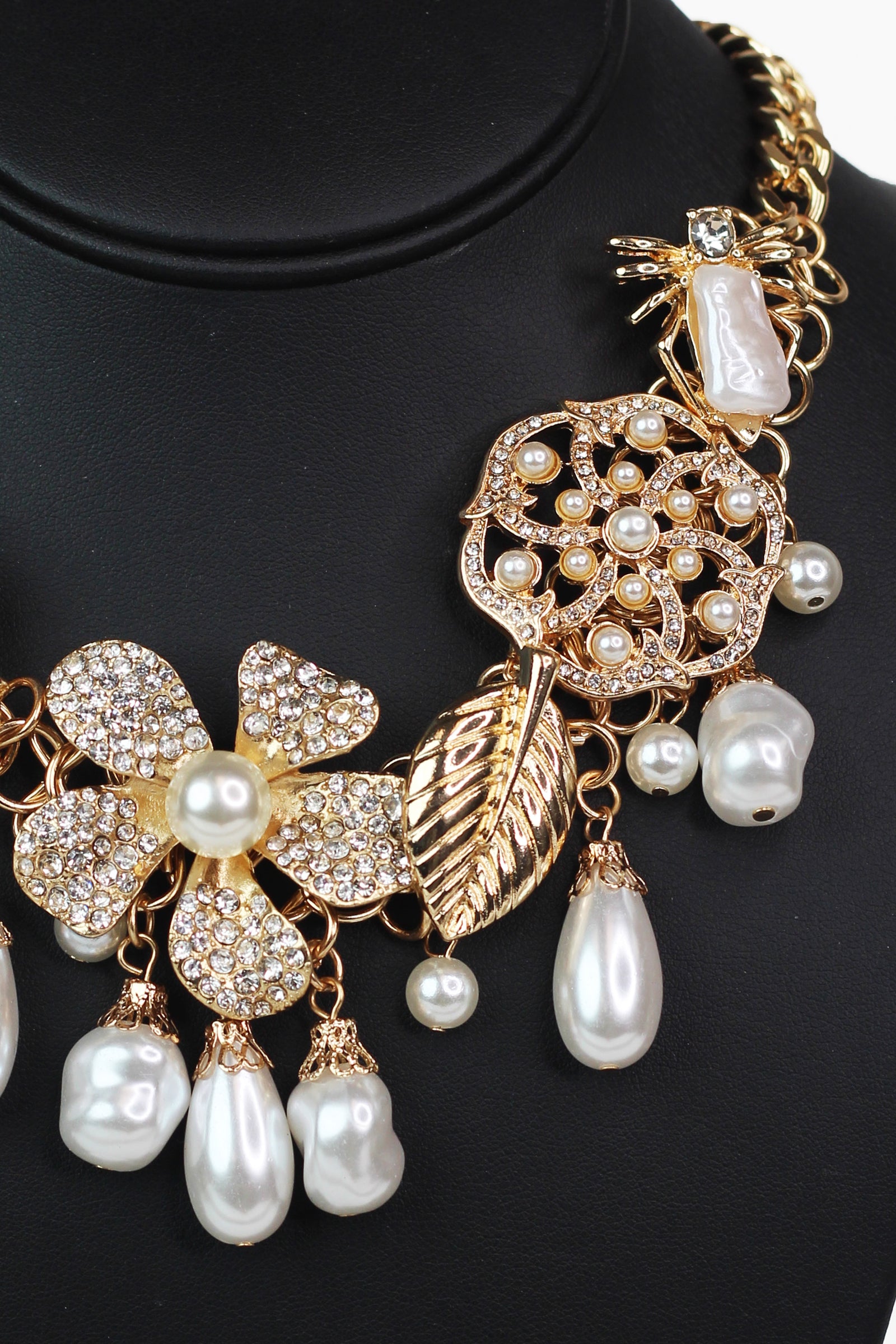 Rhinestone & Pearl Accent Flower Leaf Ladybug & Stone Dangling Charmed Necklace
