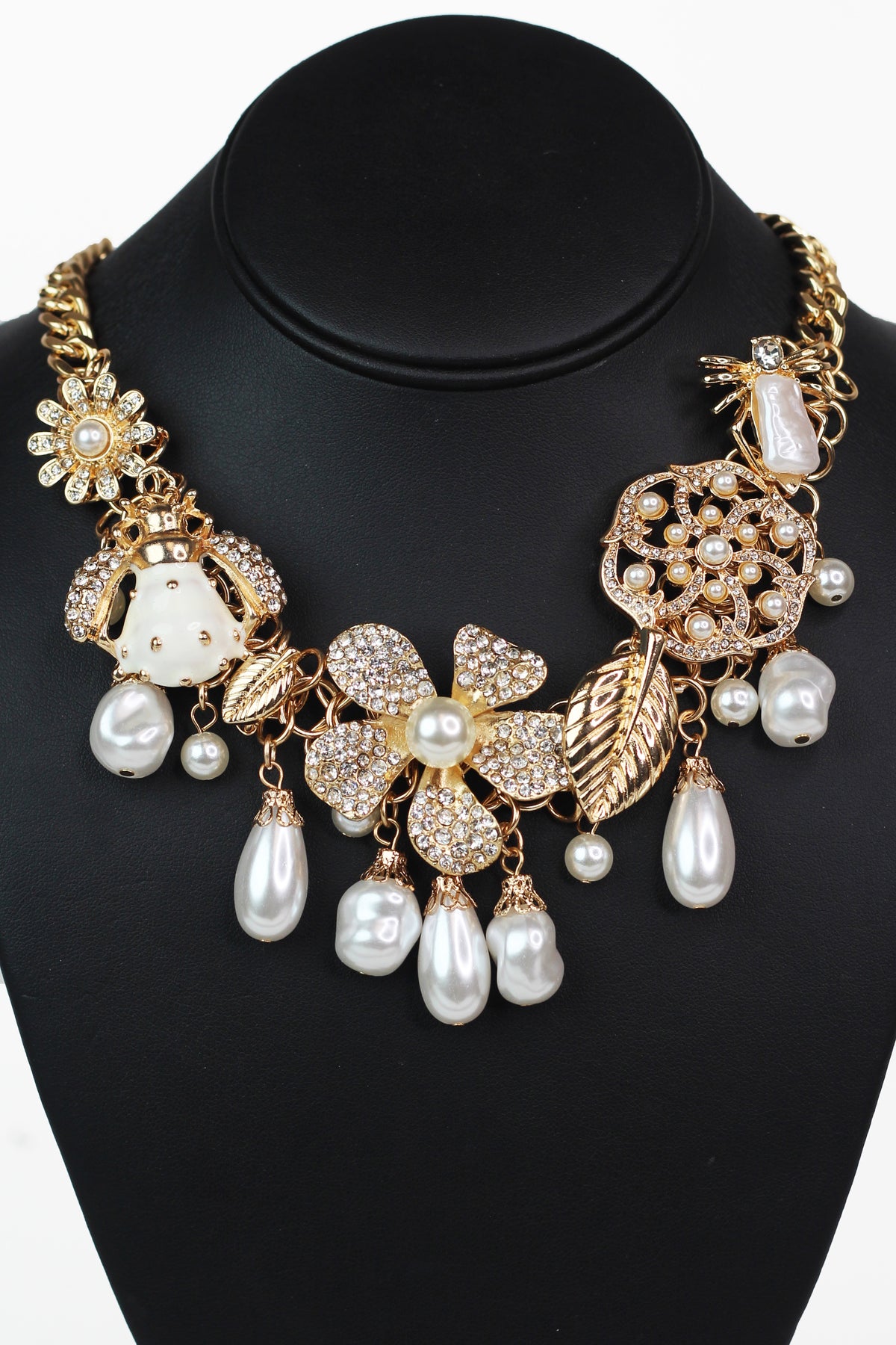 Rhinestone & Pearl Accent Flower Leaf Ladybug & Stone Dangling Charmed Necklace