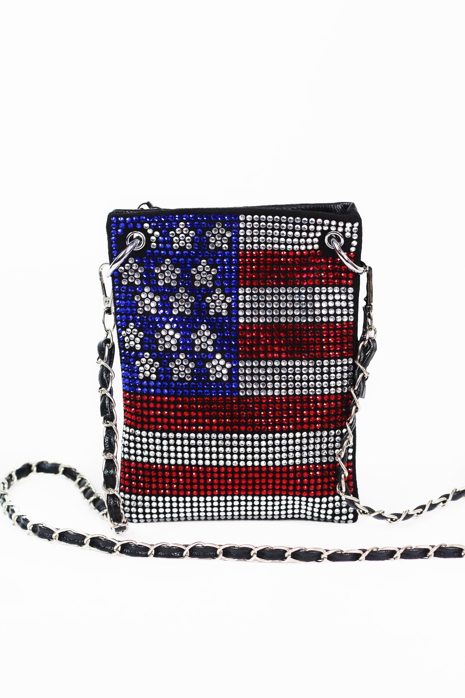 USA Flag Full Front Rhinestone Crossbody Pouch w/ Chain Strap