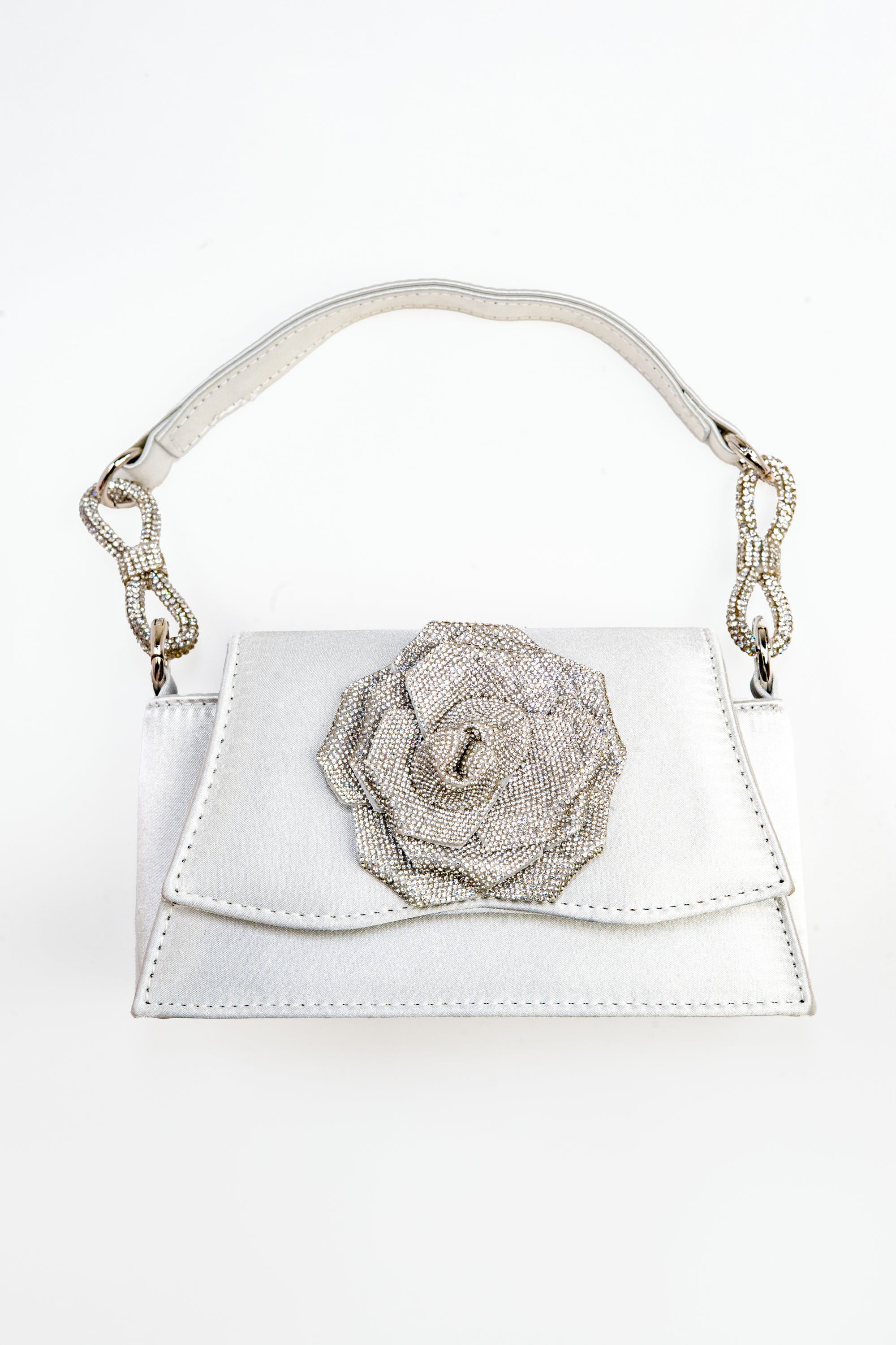 Satin Evening Bag w/ Rhinestone Flower & Handle