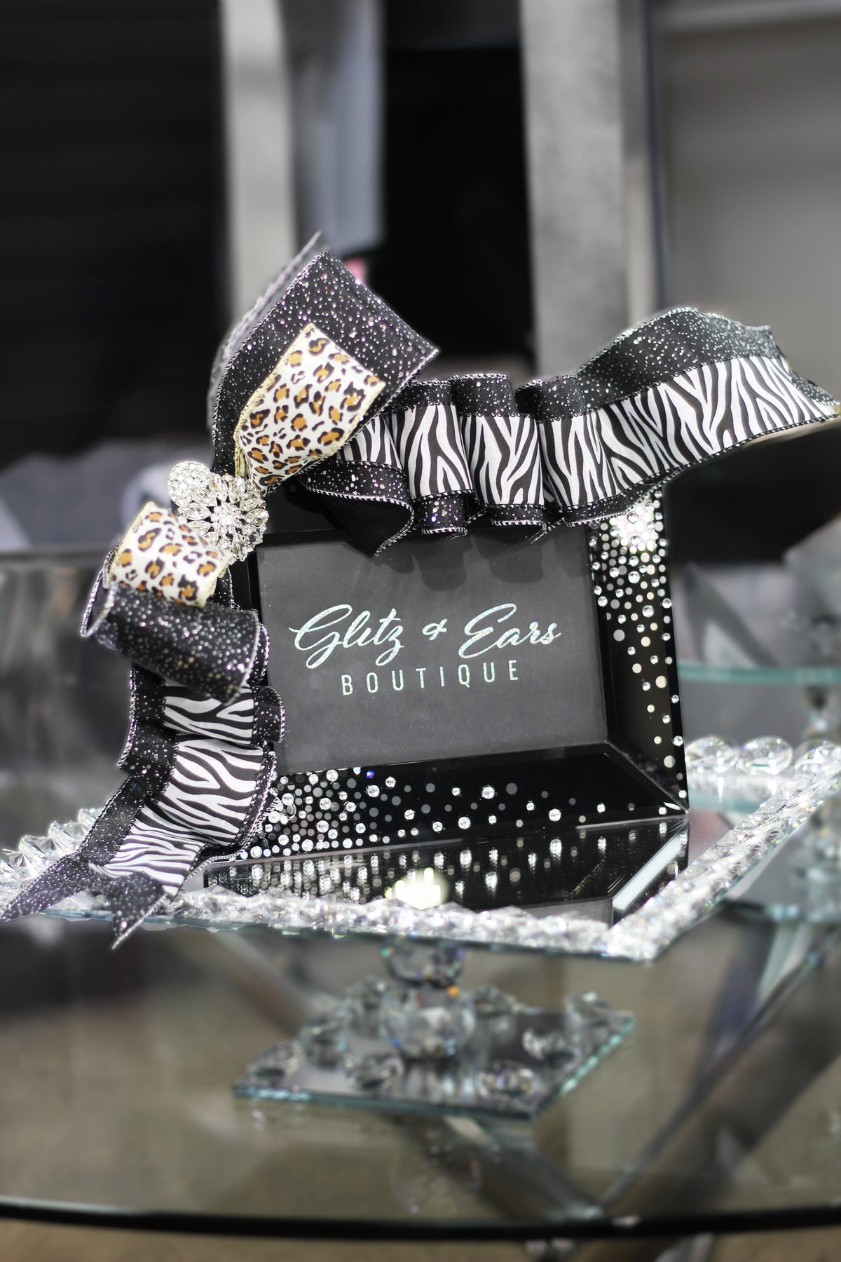 Rhinestone Picture Frame w/ Zebra Ribbon Accent