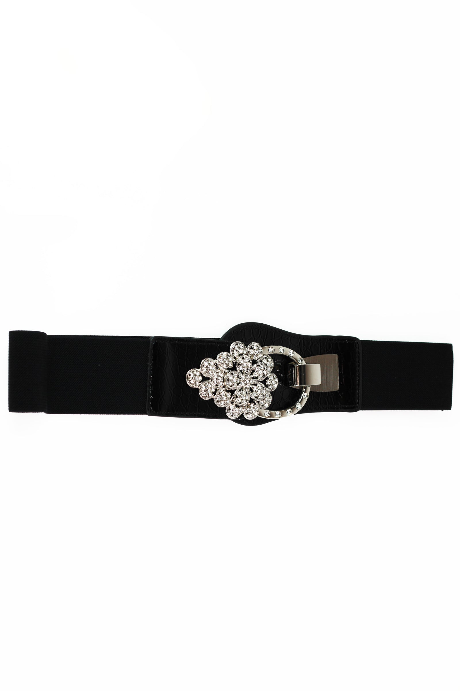 Rhinestone Flower & Loop Faux Leather & Elastic Belt