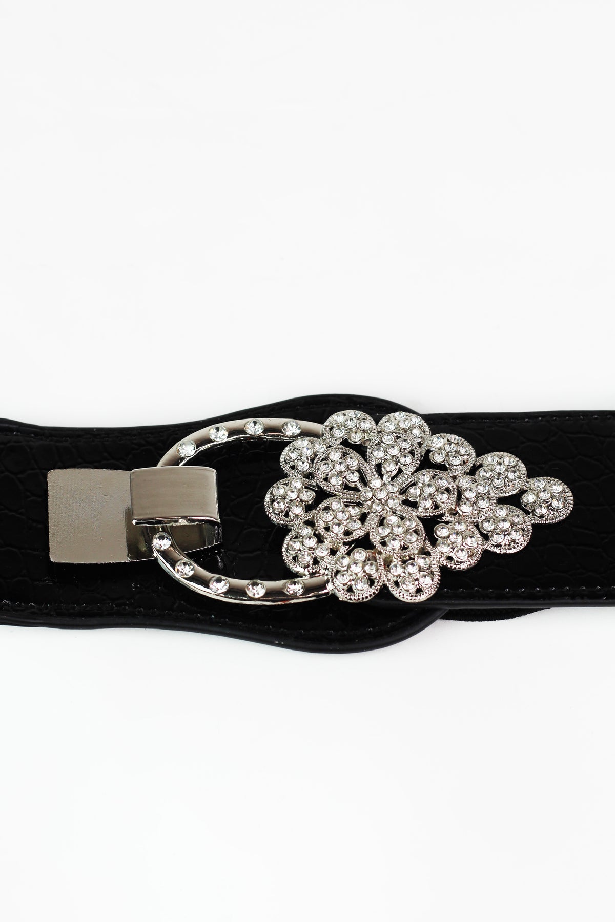 Rhinestone Flower & Loop Faux Leather & Elastic Belt