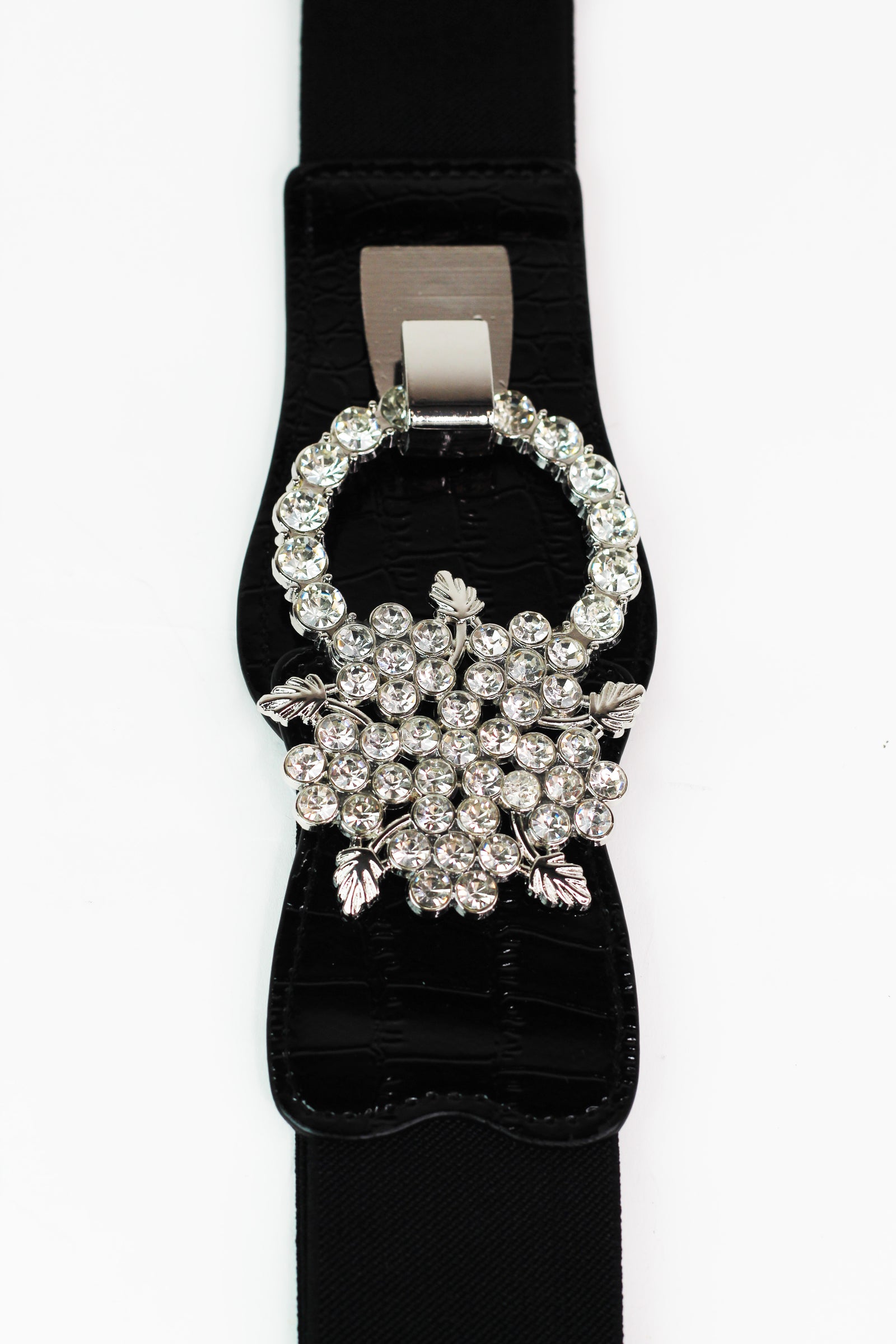Chunky Rhinestone Flower Vines & Loop Faux Leather & Elastic Belt