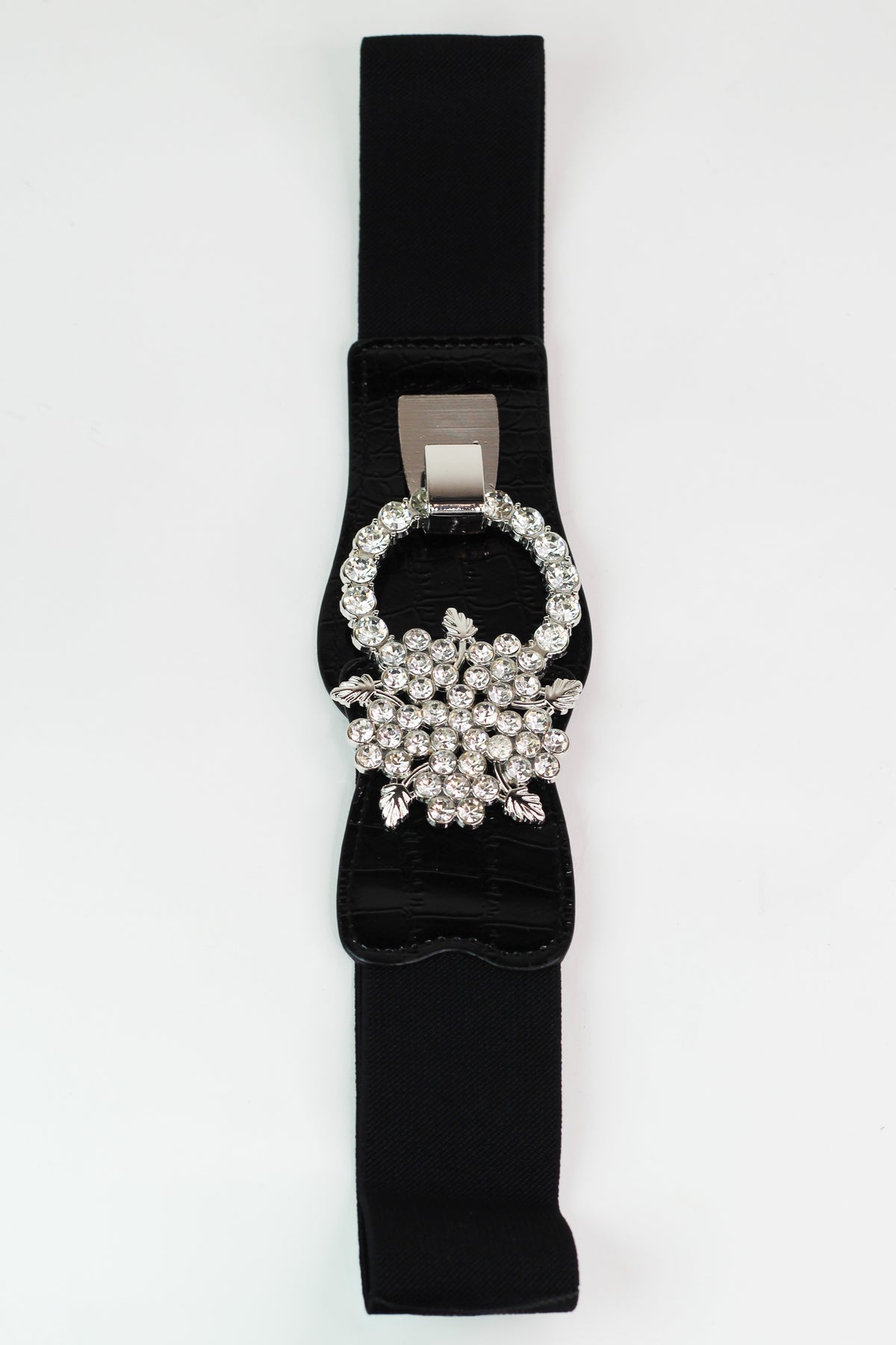 Chunky Rhinestone Flower Vines & Loop Faux Leather & Elastic Belt