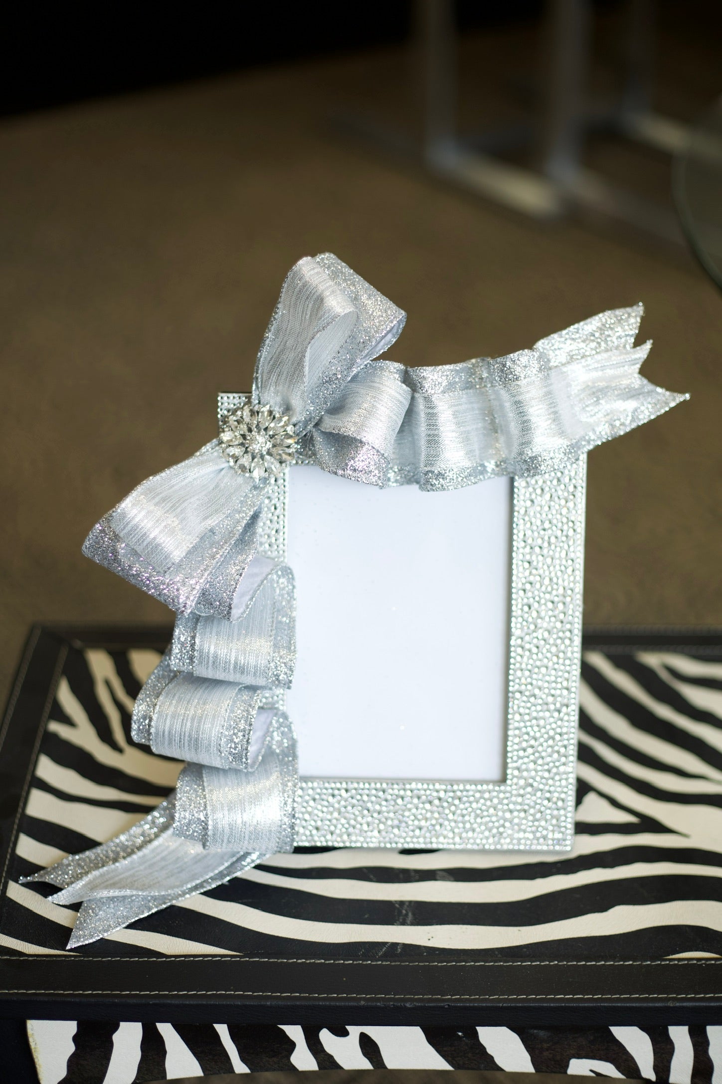 Raised Rhinestone Silver Ribbon Picture Frame