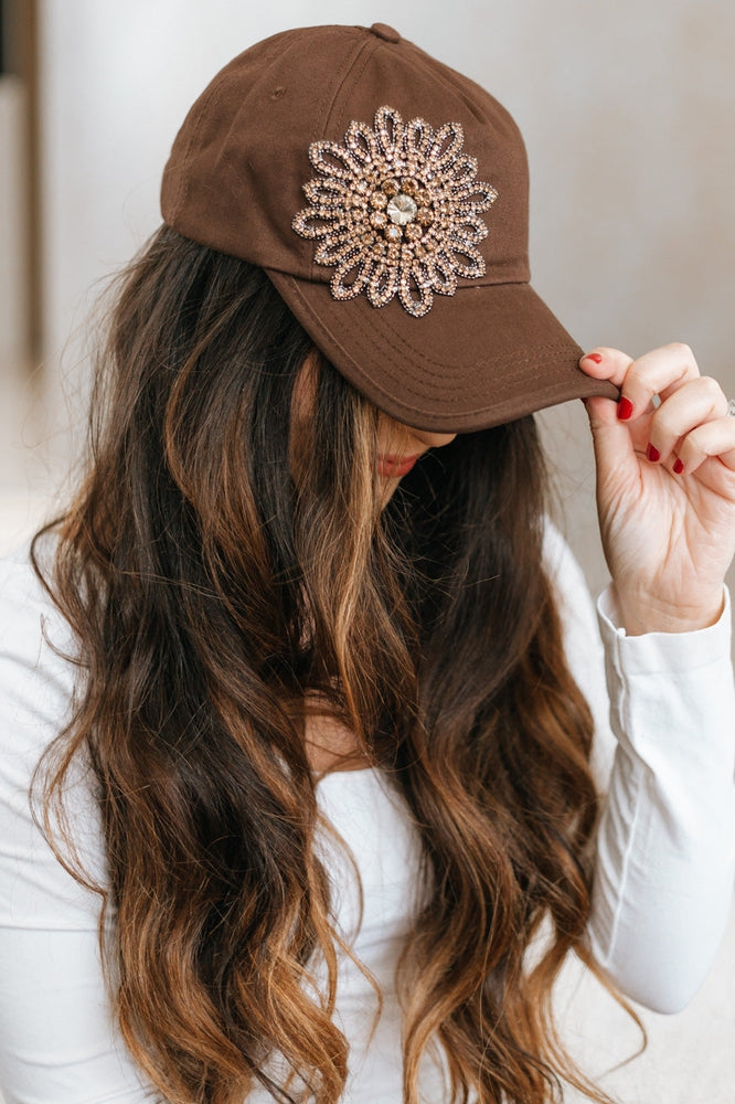 Rhinestone Flower Ponytail Baseball Hat