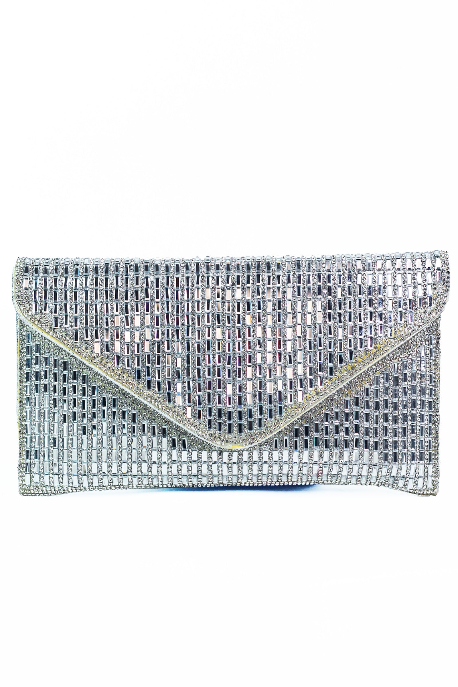 Shimmery Vinyl Clutch w/ Rhinestone & Baguette Front & Flap