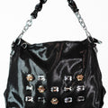 Textured Faux Patent Leather Purse w/ Rhinestone & Emerald Accents
