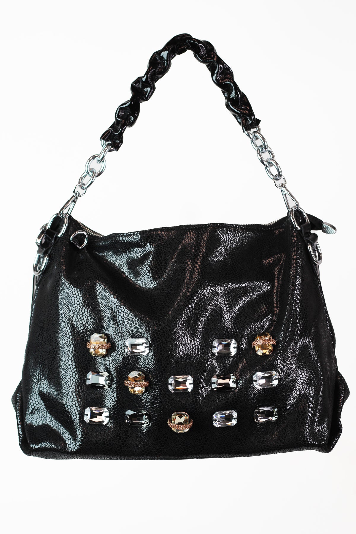 Textured Faux Patent Leather Purse w/ Rhinestone &amp; Emerald Accents