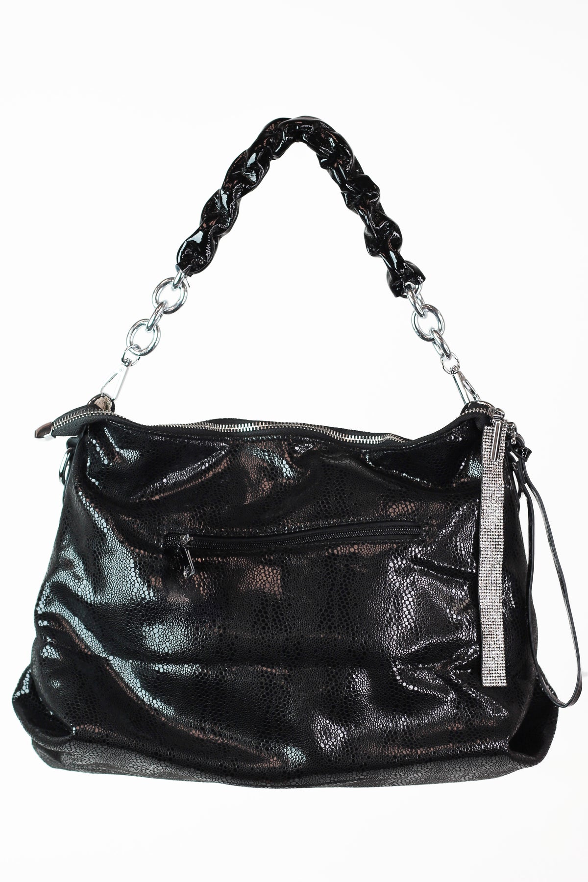 Textured Faux Patent Leather Purse w/ Rhinestone & Emerald Accents