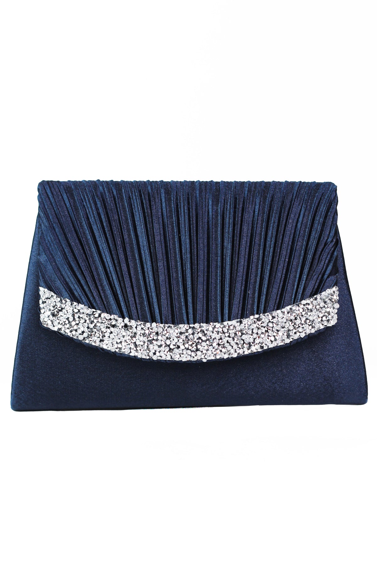Satin Pleated Envelope Clutch w/ Rhinestone Trim