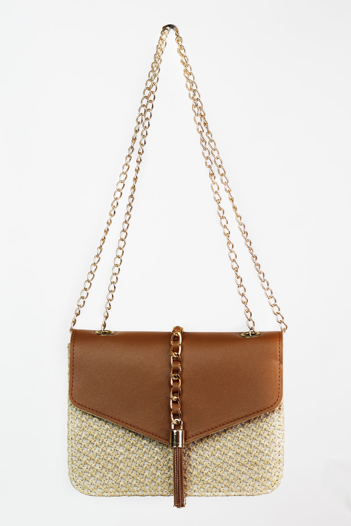 Woven Straw Crossbody Envelope Bag w/ Chain Tassel Accent