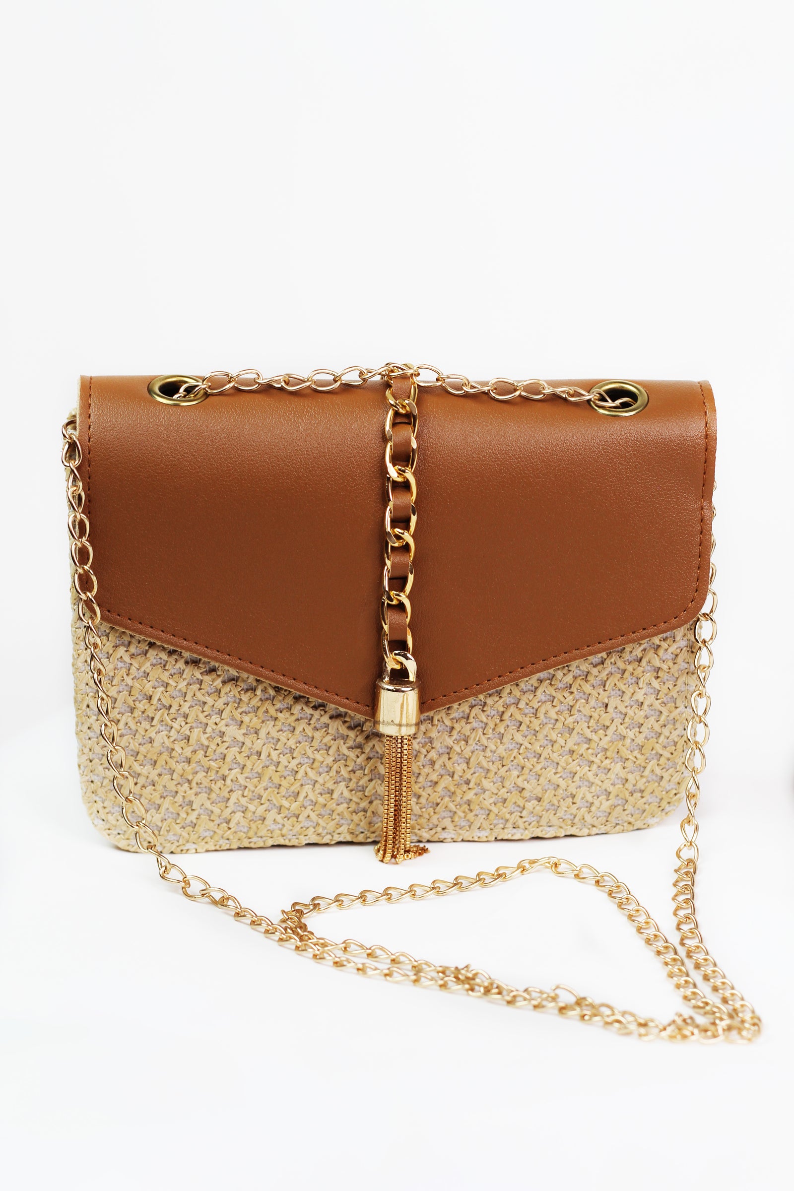 Woven Straw Crossbody Envelope Bag w/ Chain Tassel Accent