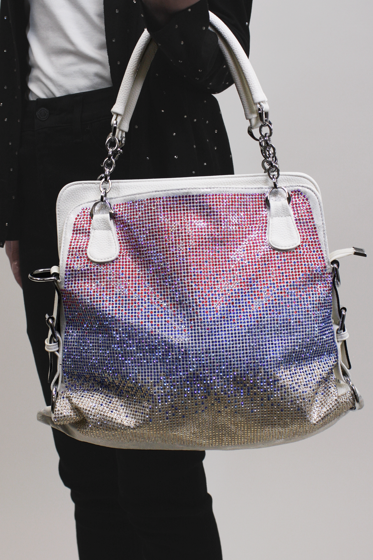 Ombre Rhinestone Front Purse w/ Side Buckles & Chain Handles