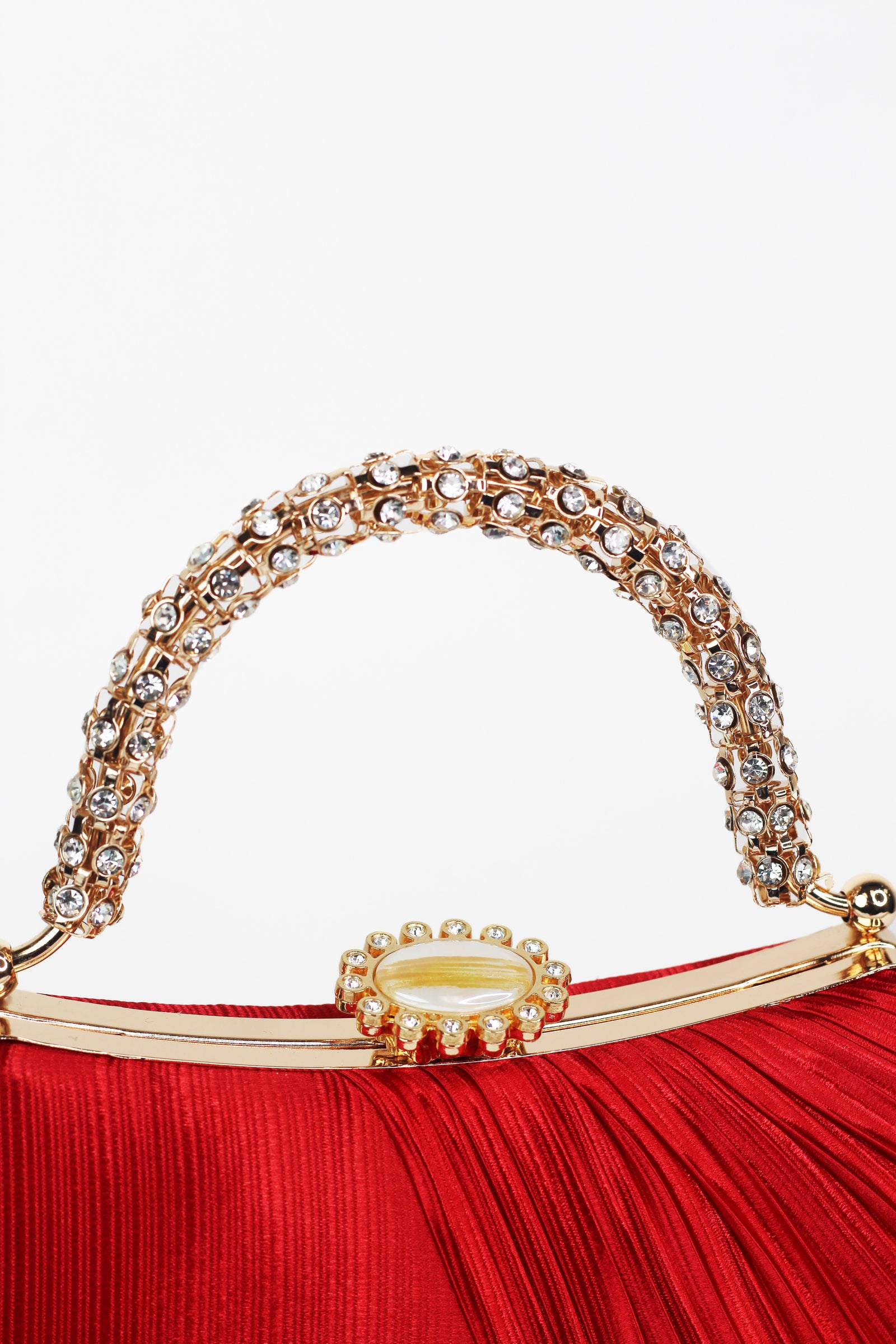 Pleated Satin Clutch w/ Rhinestone Handle & Closure