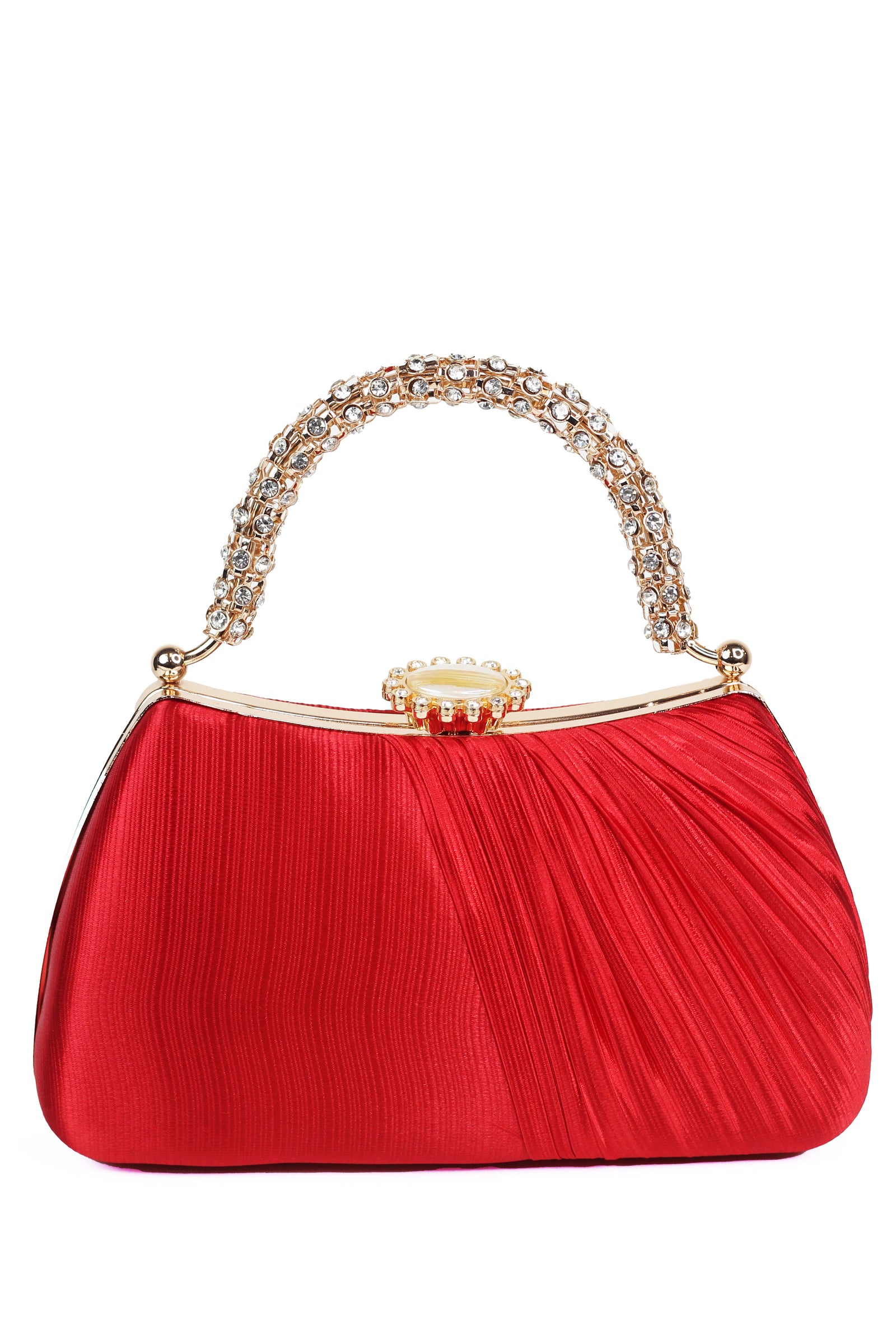 Pleated Satin Clutch w/ Rhinestone Handle & Closure