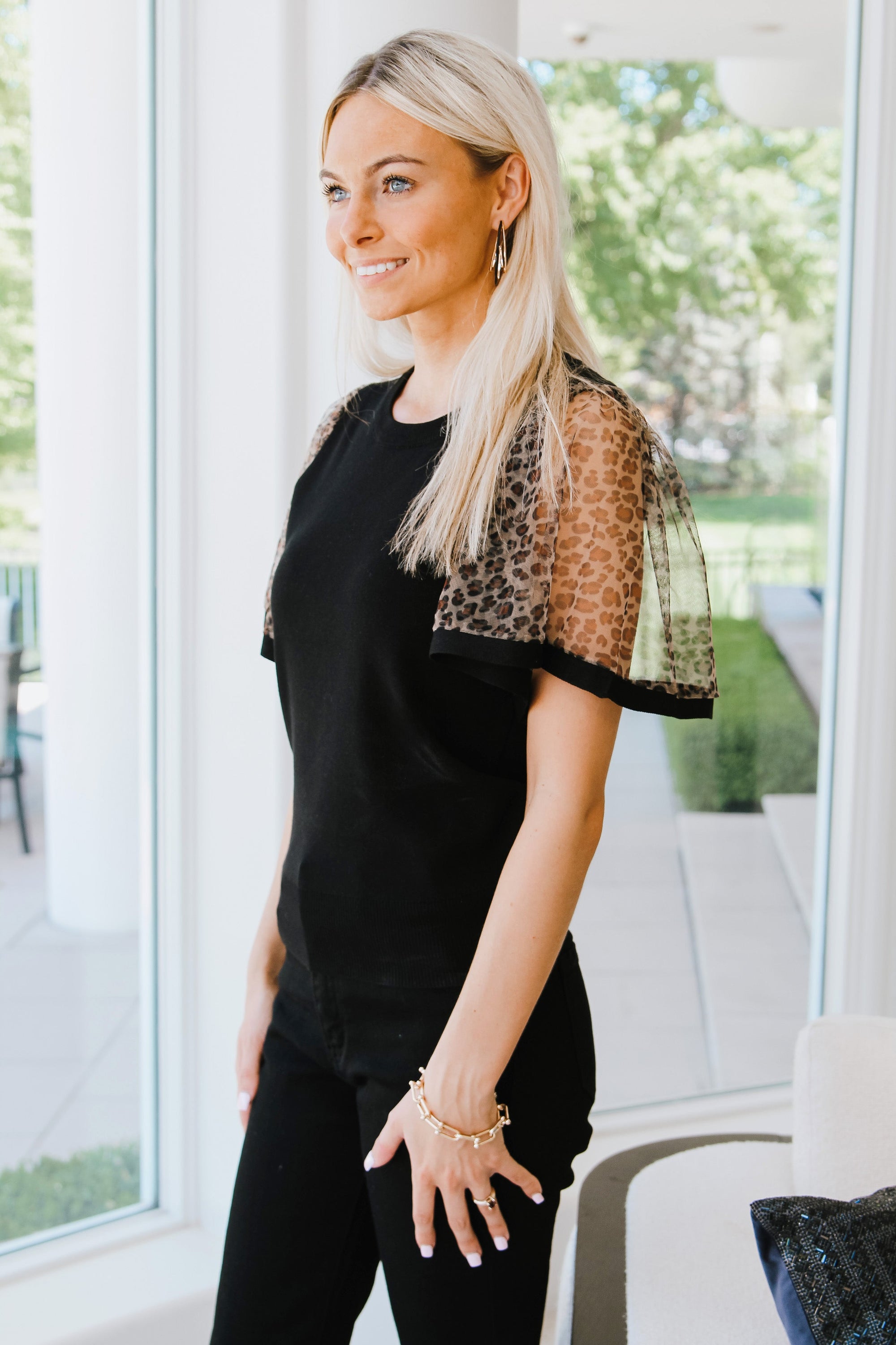 Sweater Top w/ Sheer Leopard Print Flounce Sleeves