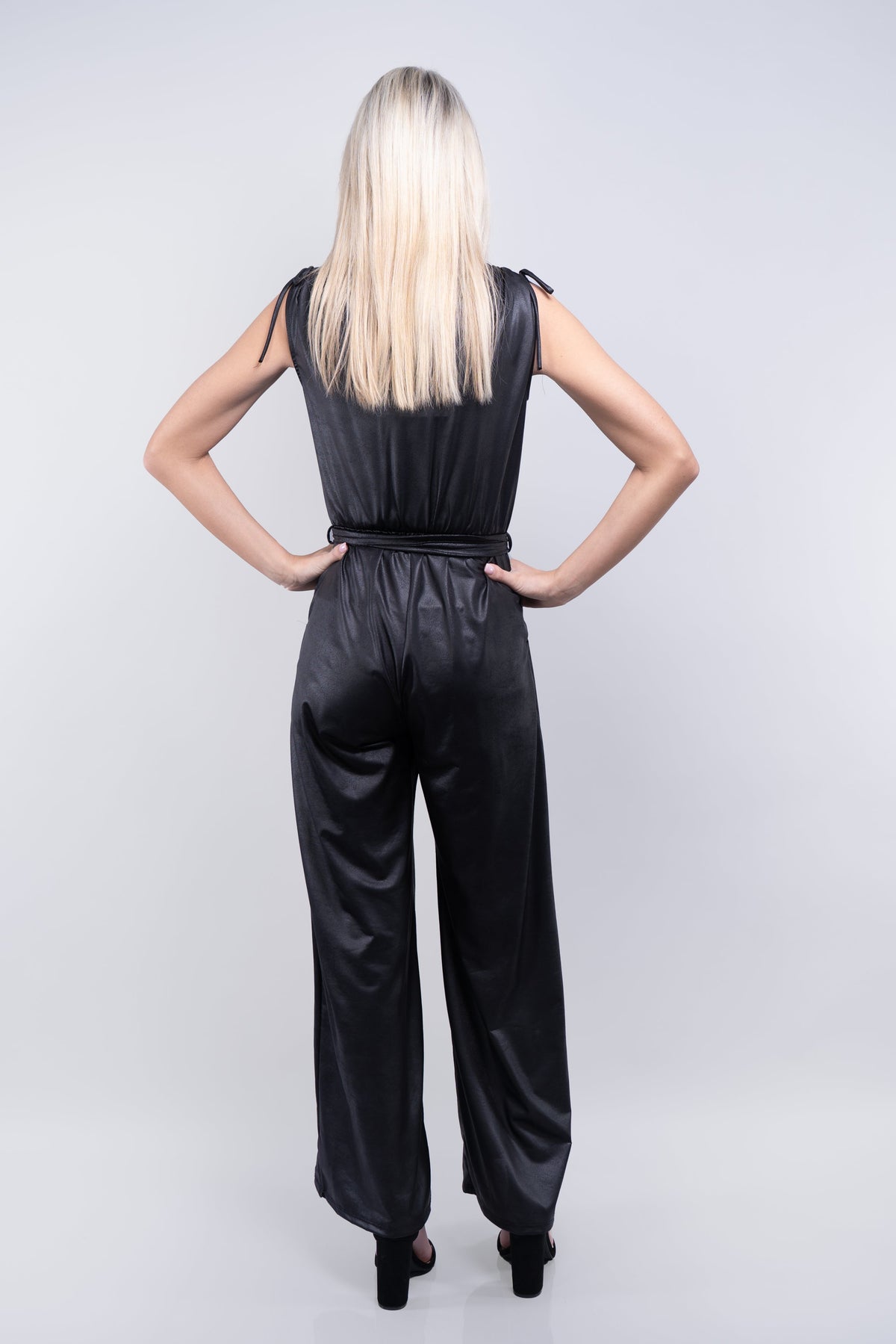 Stretchy Faux Leather Surplice Jumpsuit w/ Belt (SALE)