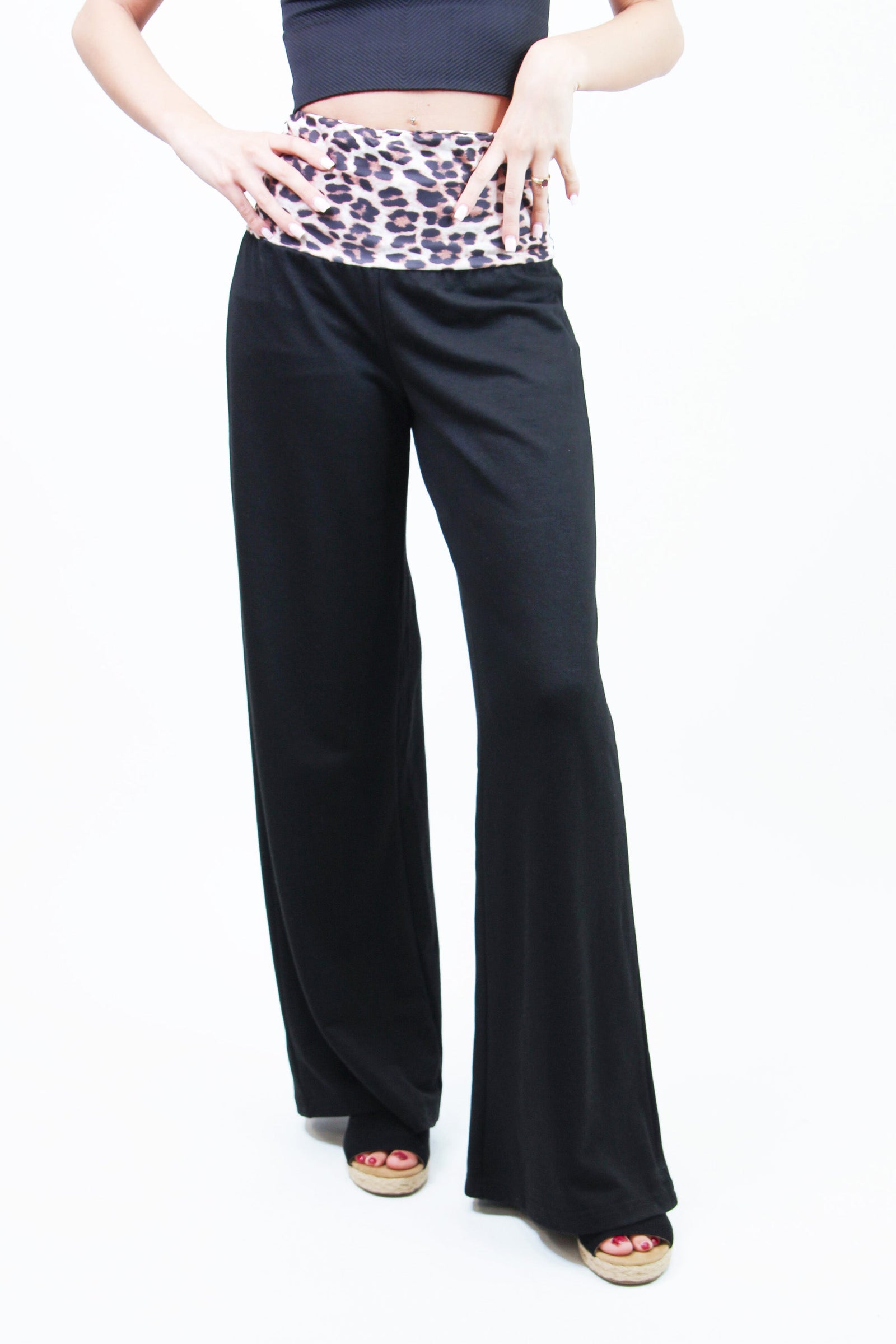 Stretch Knit Wide Leg Pants w/ Leopard Print Waist